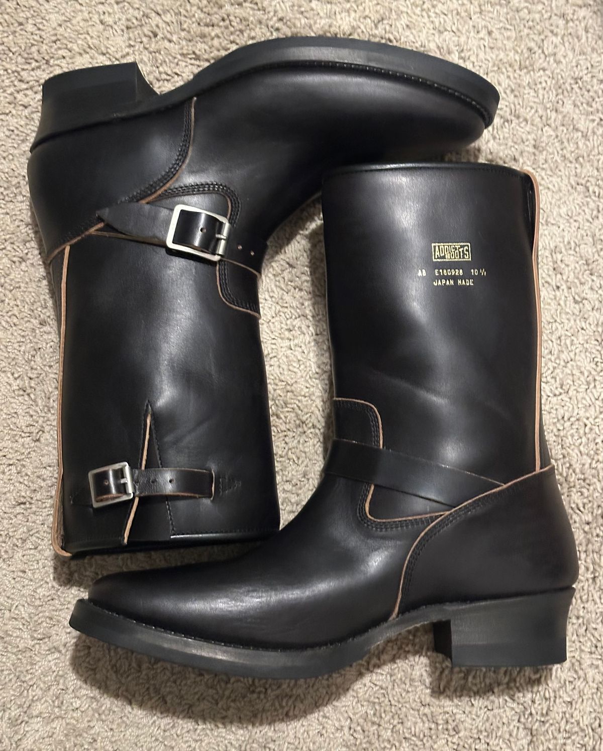 Photo by austinrylees on August 27, 2025 of the Addict Boots AB-01 Engineer Boots in Maryam Black Teacore Horsebutt.