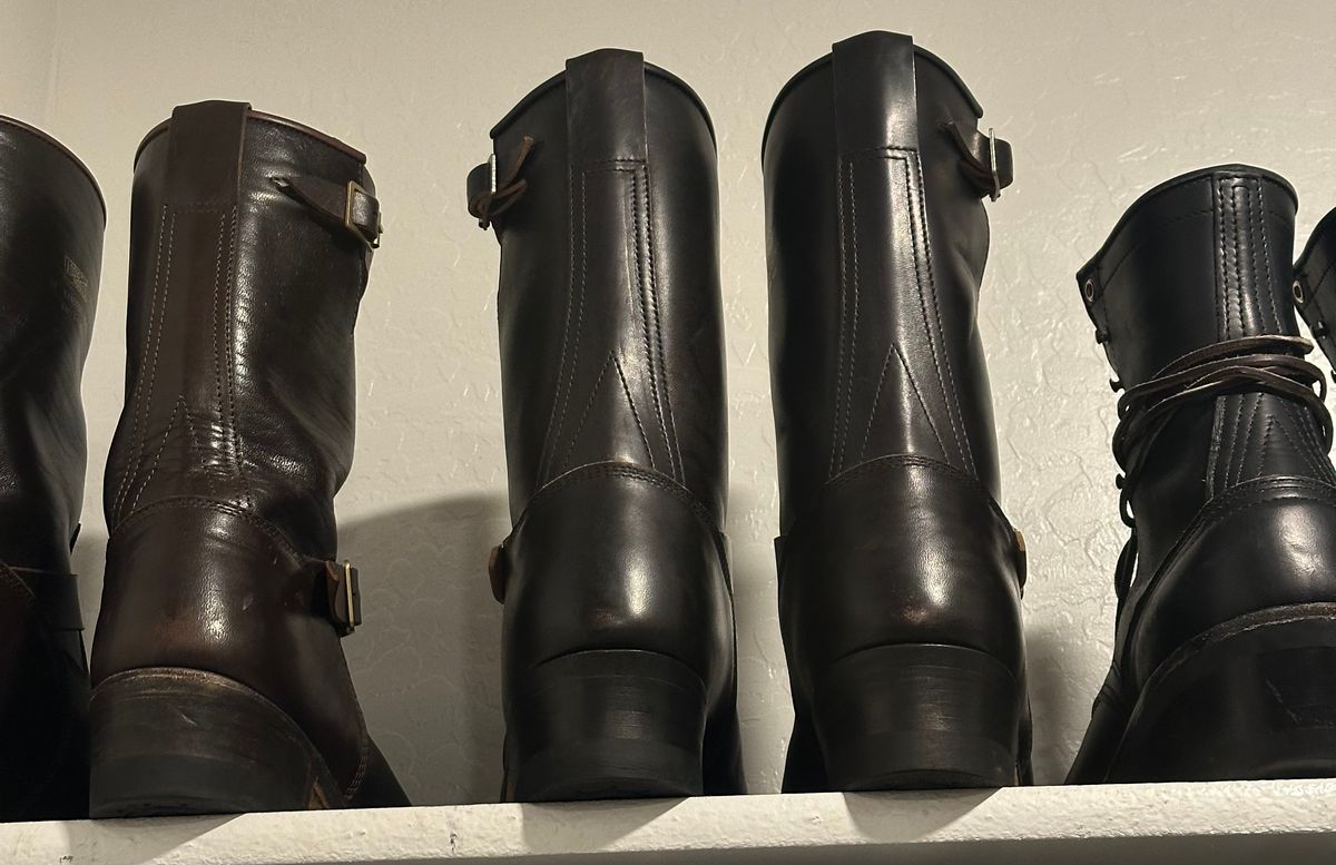Photo by austinrylees on August 27, 2025 of the Addict Boots AB-01 Engineer Boots in Maryam Black Teacore Horsebutt.