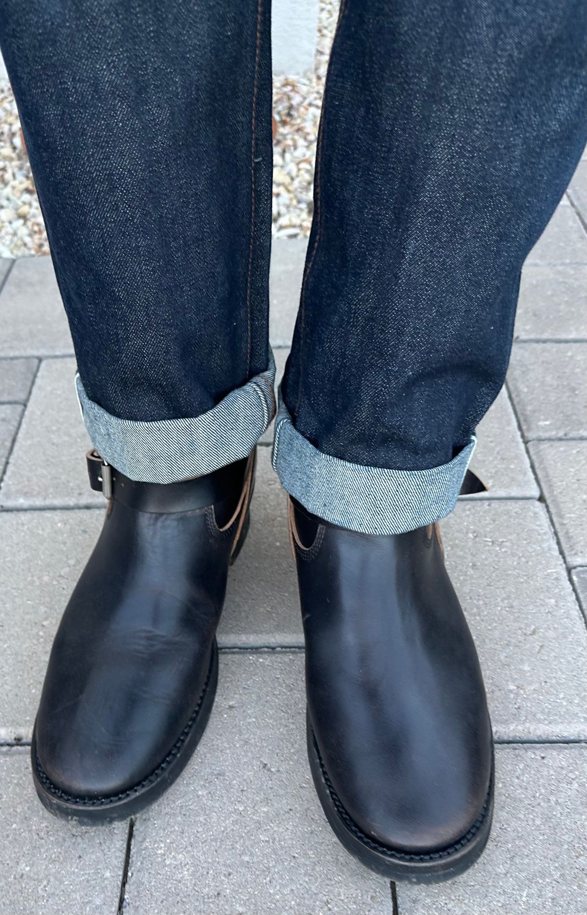 Photo by austinrylees on October 21, 2025 of the Addict Boots AB-01 Engineer Boots in Maryam Black Teacore Horsebutt.
