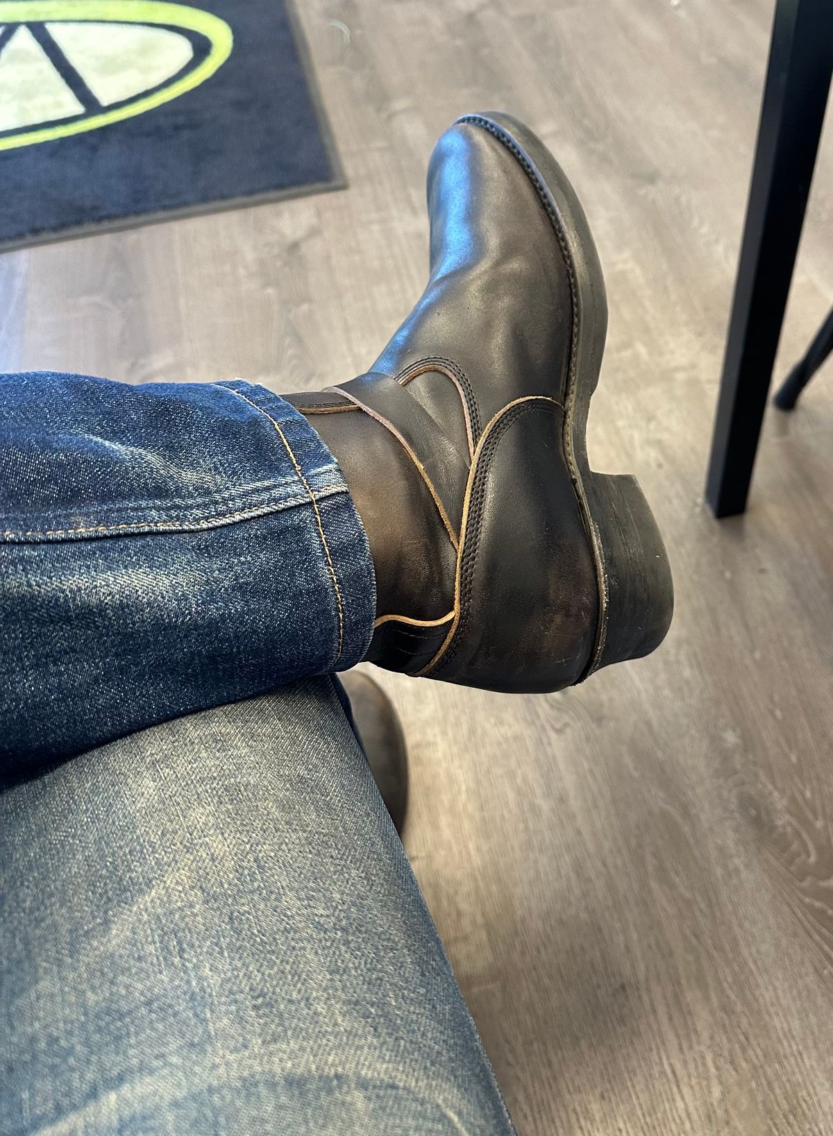 Photo by austinrylees on November 8, 2025 of the Addict Boots AB-01 Engineer Boots in Maryam Black Teacore Horsebutt.
