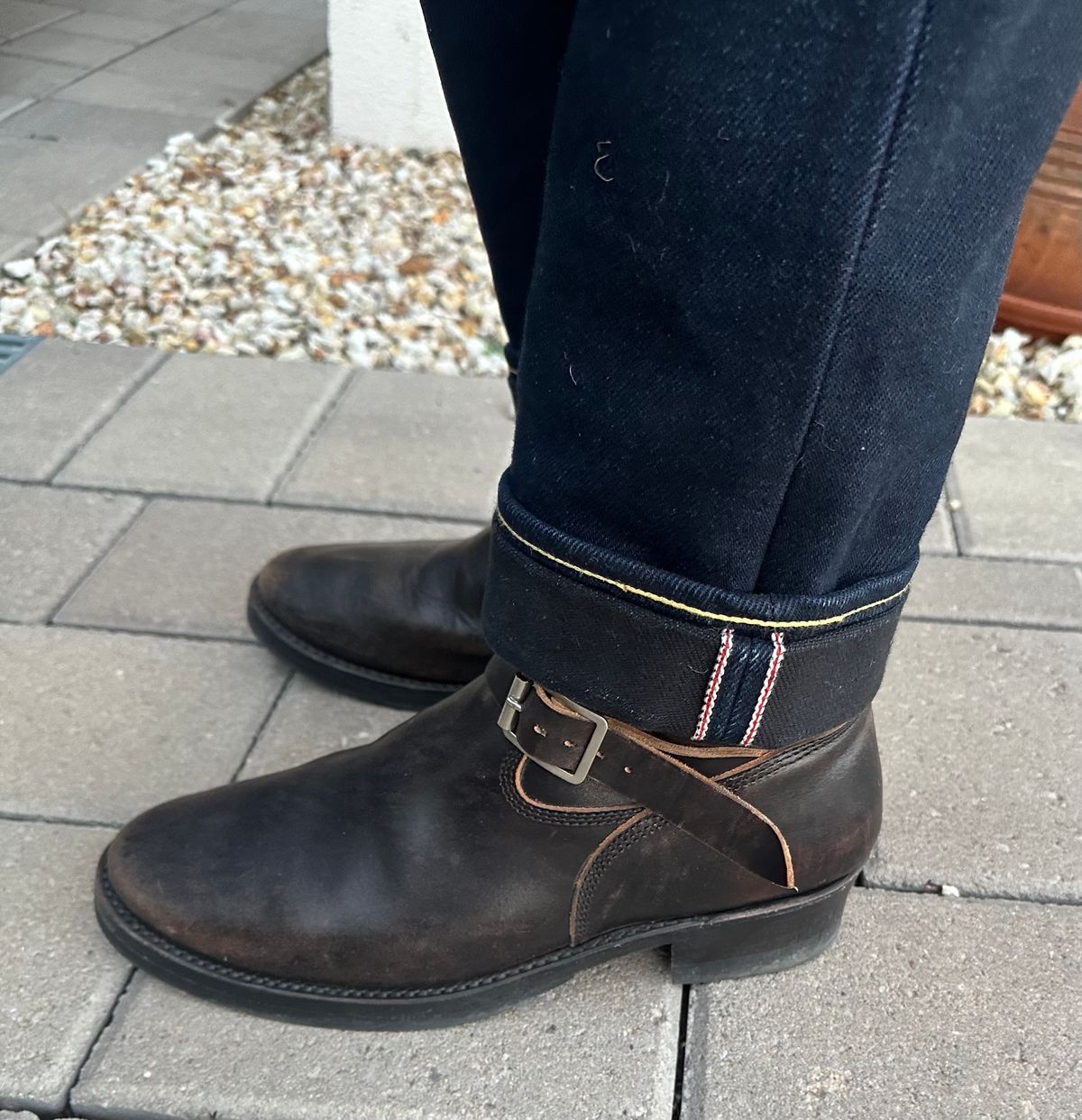 Photo by austinrylees on November 25, 2025 of the Addict Boots AB-01 Engineer Boots in Maryam Black Teacore Horsebutt.