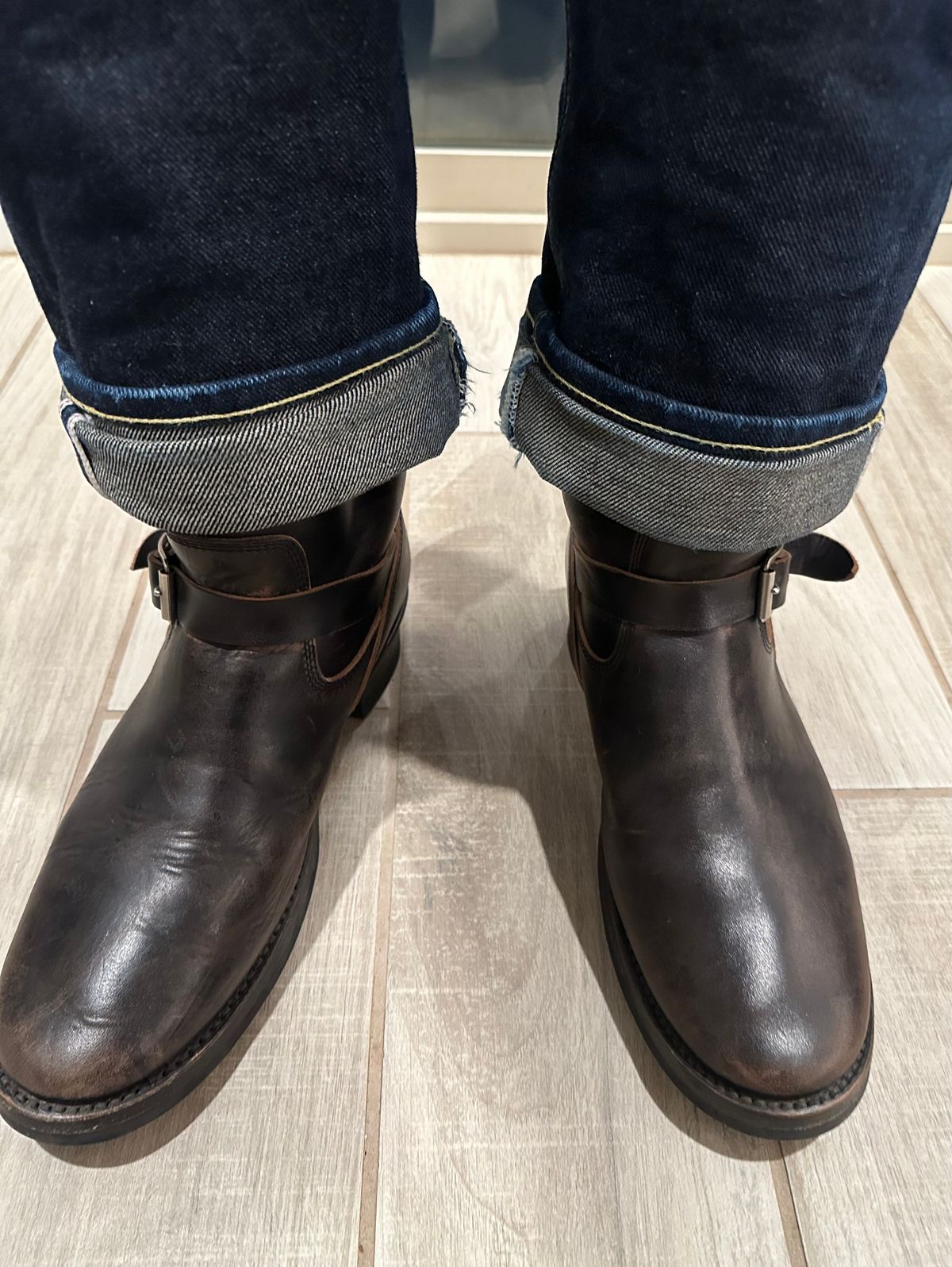 Photo by austinrylees on December 24, 2025 of the Addict Boots AB-01 Engineer Boots in Maryam Black Teacore Horsebutt.
