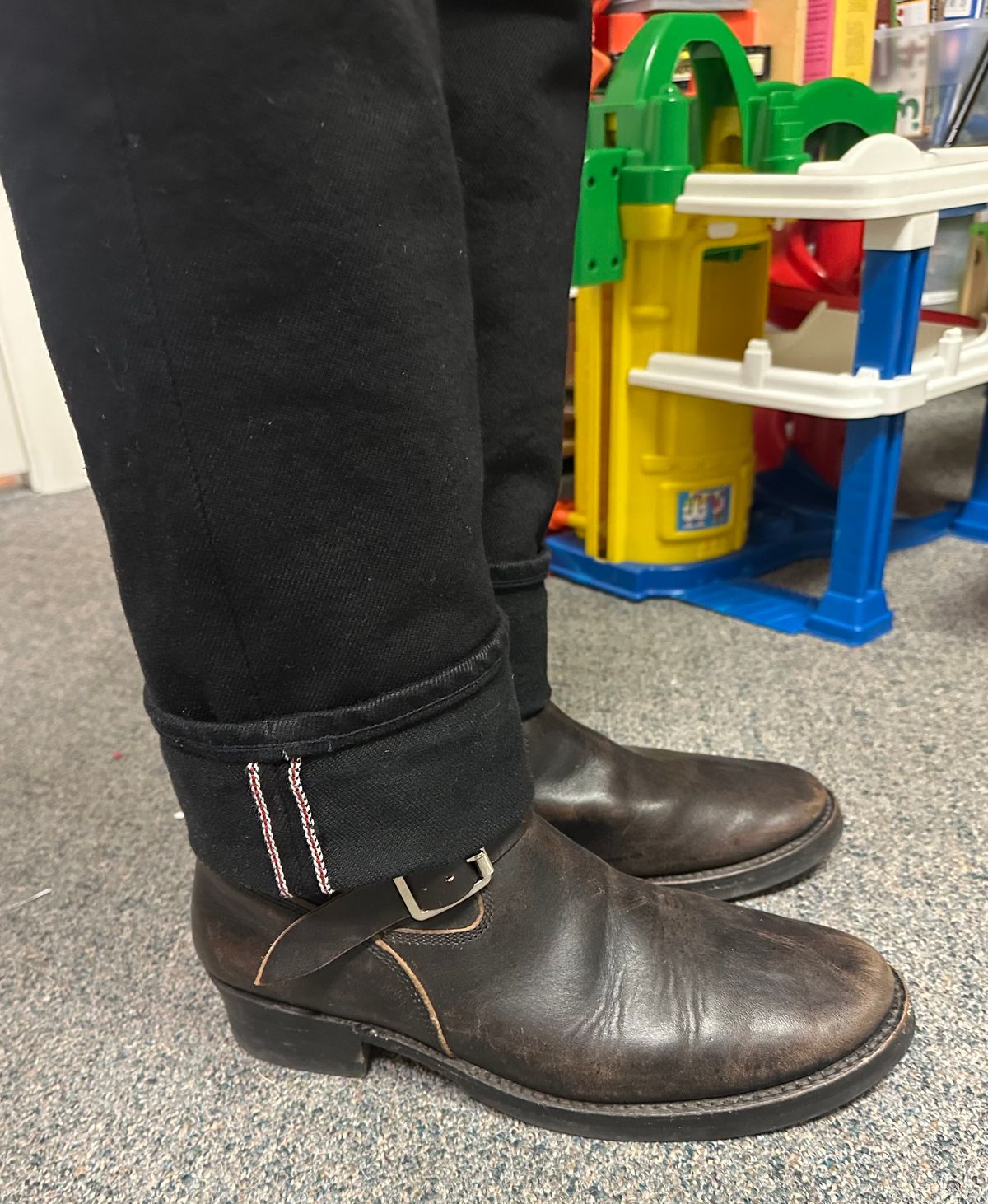 Photo by austinrylees on December 30, 2025 of the Addict Boots AB-01 Engineer Boots in Maryam Black Teacore Horsebutt.