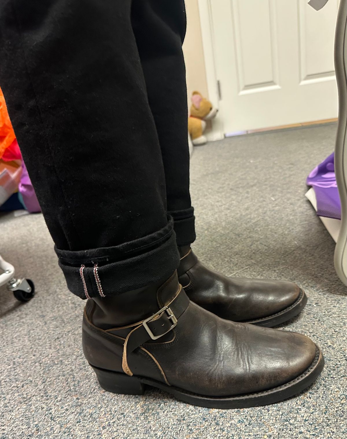 Photo by austinrylees on January 6, 2026 of the Addict Boots AB-01 Engineer Boots in Maryam Black Teacore Horsebutt.