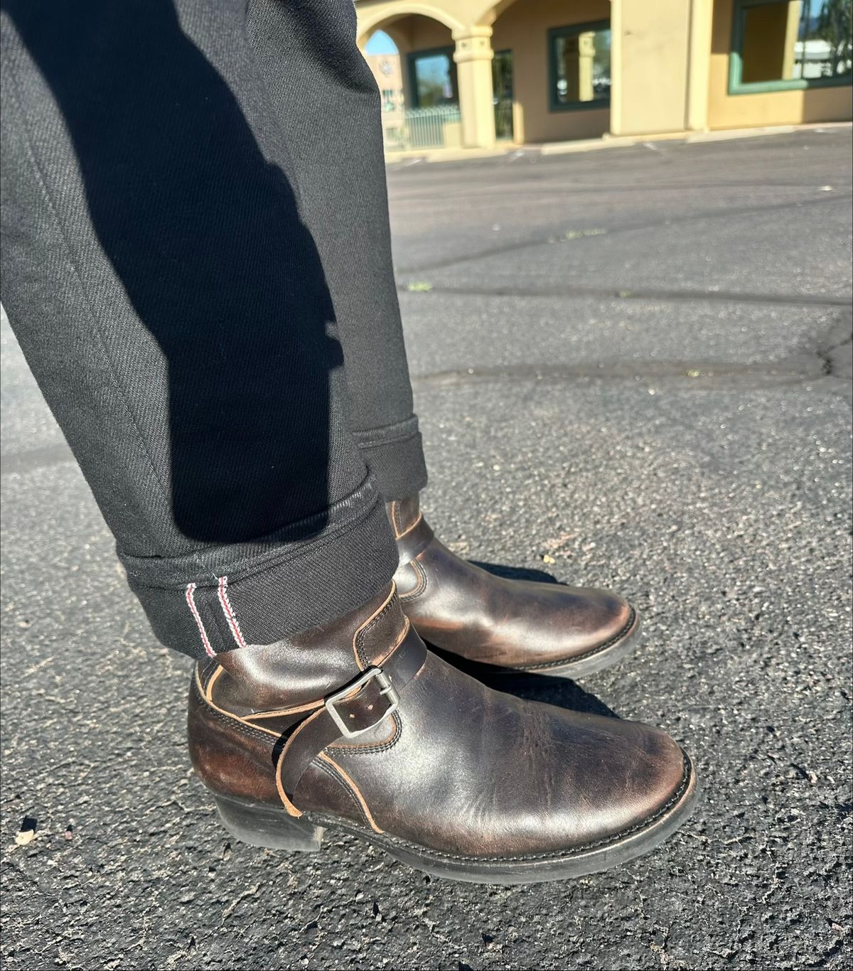 Photo by austinrylees on January 29, 2026 of the Addict Boots AB-01 Engineer Boots in Maryam Black Teacore Horsebutt.