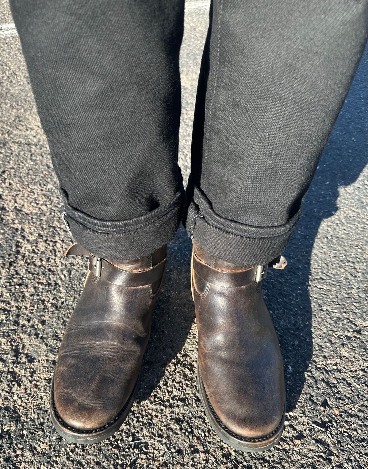 Photo by austinrylees on January 29, 2026 of the Addict Boots AB-01 Engineer Boots in Maryam Black Teacore Horsebutt.