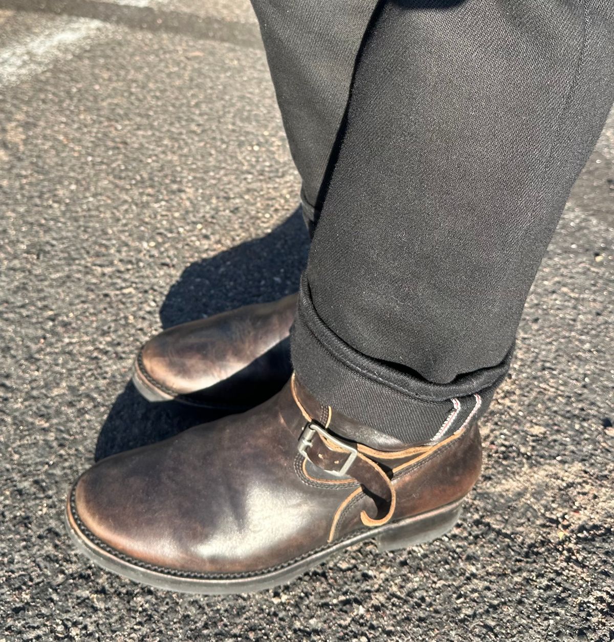 Photo by austinrylees on January 29, 2026 of the Addict Boots AB-01 Engineer Boots in Maryam Black Teacore Horsebutt.