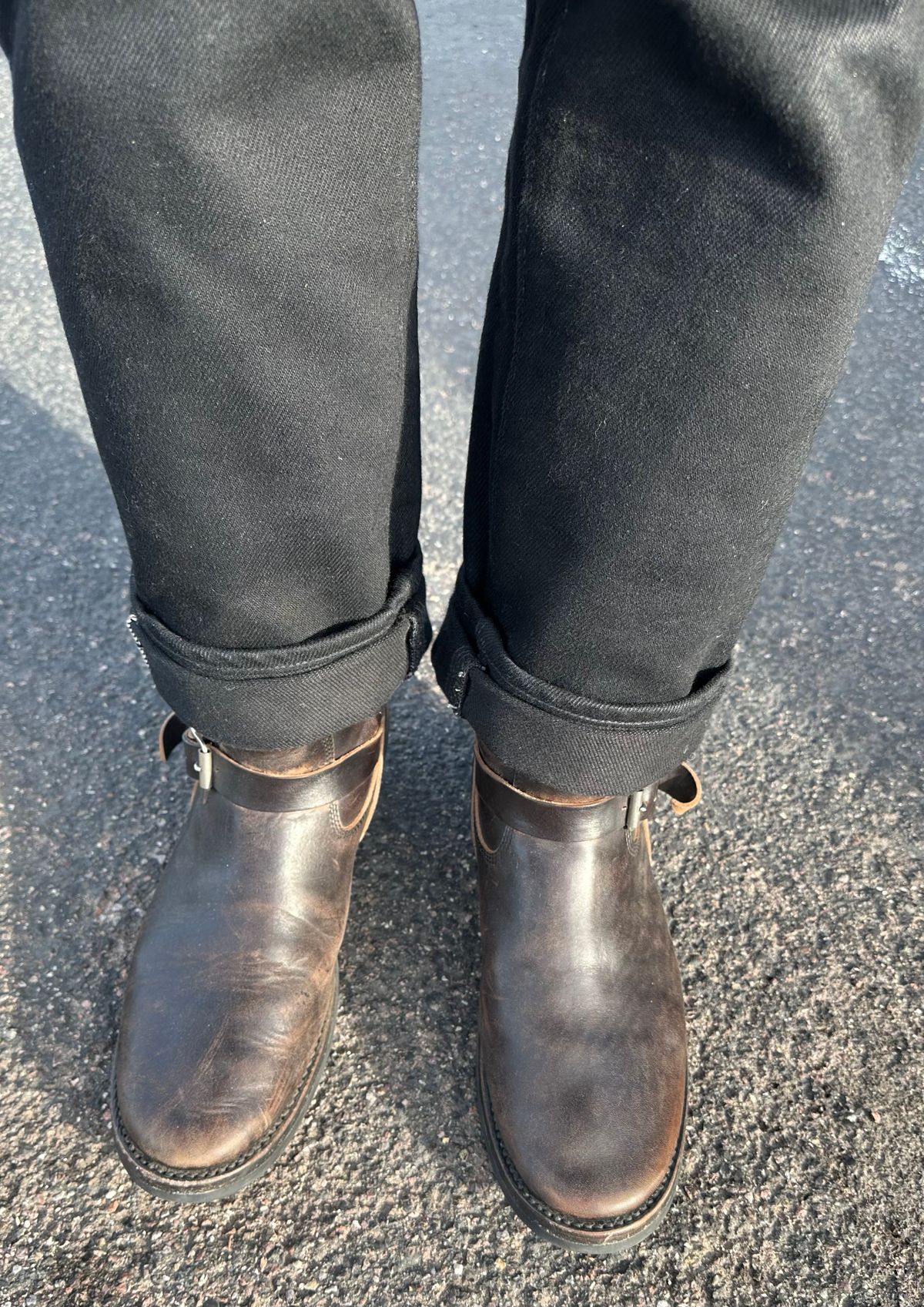 Photo by austinrylees on February 10, 2026 of the Addict Boots AB-01 Engineer Boots in Maryam Black Teacore Horsebutt.