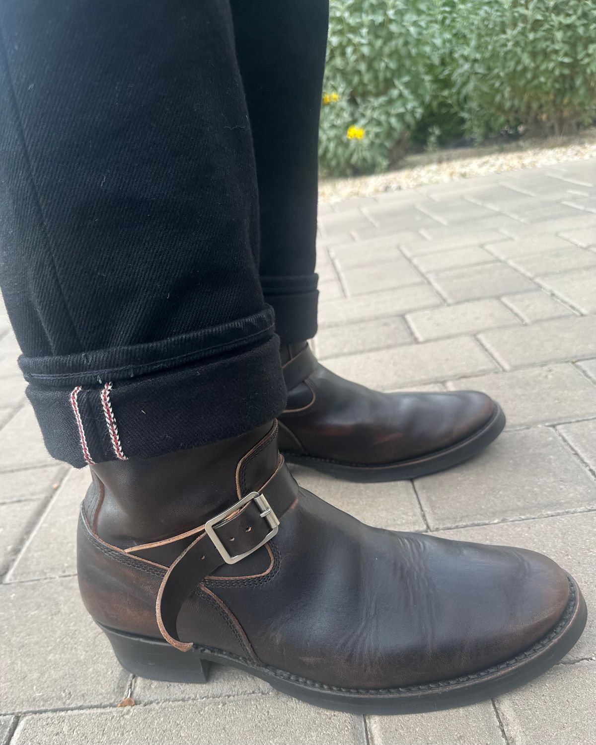 Photo by austinrylees on March 31, 2026 of the Addict Boots AB-01 Engineer Boots in Maryam Black Teacore Horsebutt.