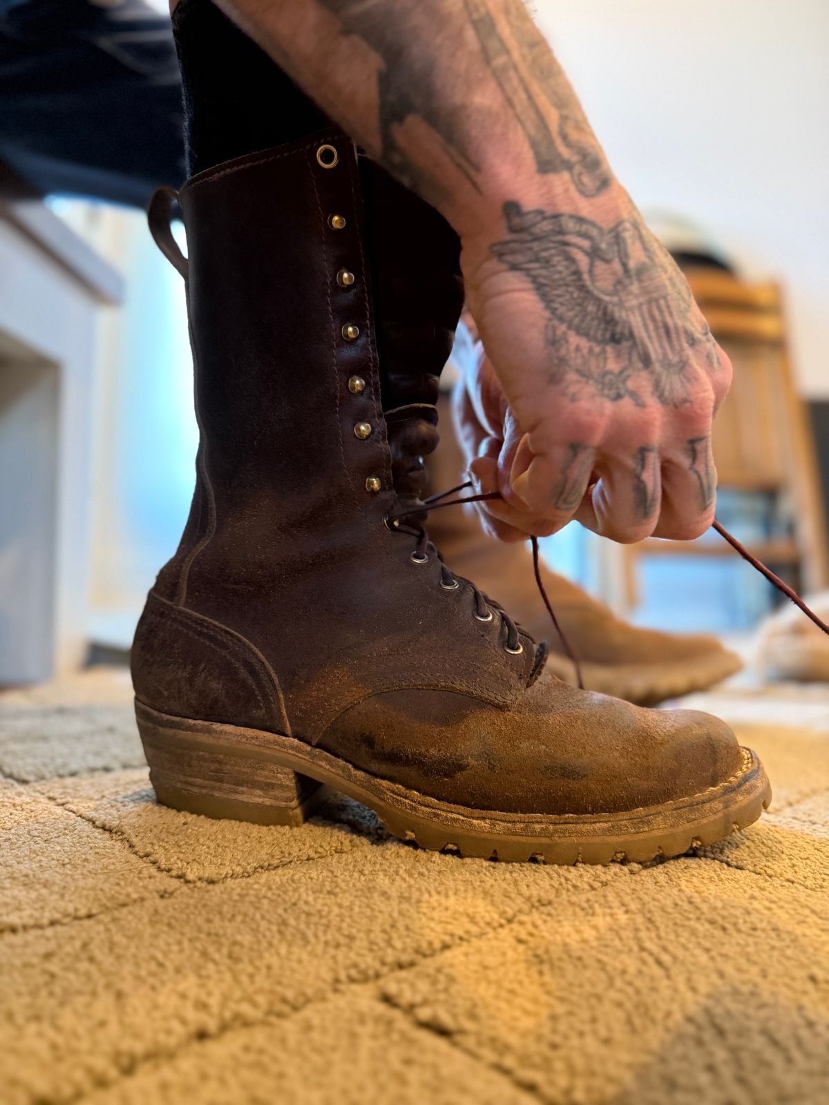 Photo by DocLineman on February 1, 2025 of the Nicks MTO in Horween Tan Waxed Flesh.