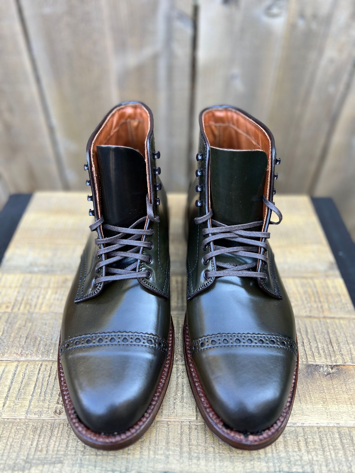 Photo by JupiterIsBeautiful on October 2, 2022 of the Alden Perforated Cap Toe Boot in Horween Old Bronze Shell Cordovan.