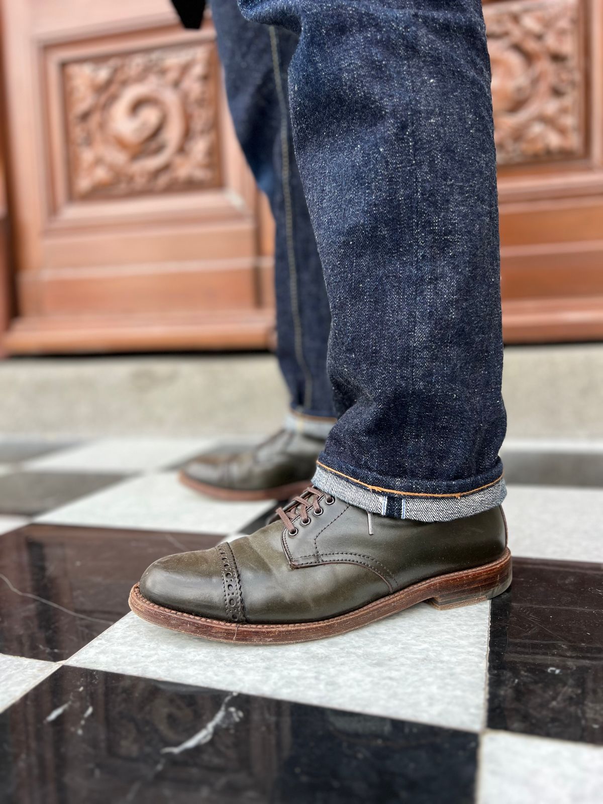 Photo by JupiterIsBeautiful on January 5, 2023 of the Alden Perforated Cap Toe Boot in Horween Old Bronze Shell Cordovan.