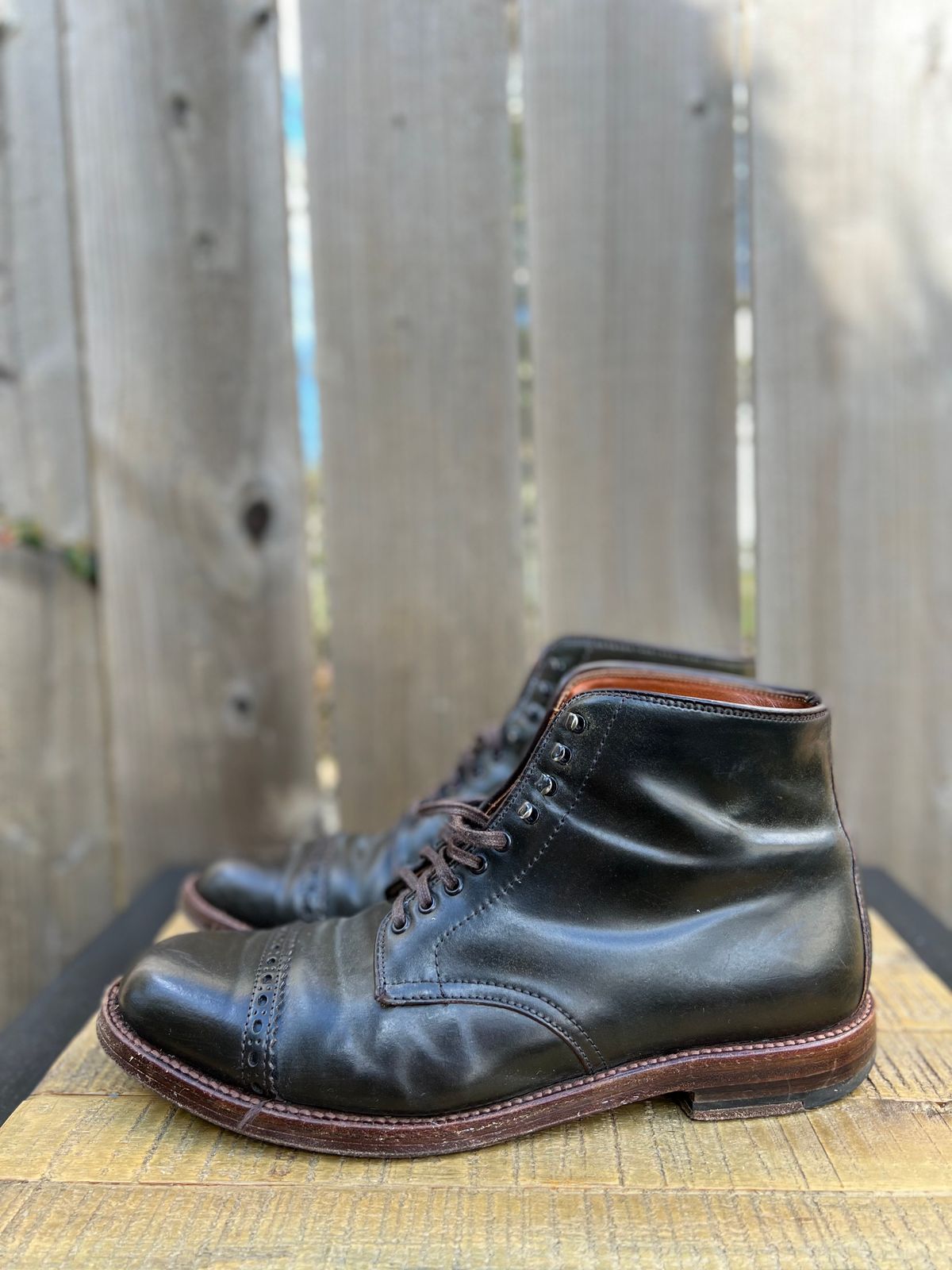 Photo by JupiterIsBeautiful on April 3, 2023 of the Alden Perforated Cap Toe Boot in Horween Old Bronze Shell Cordovan.