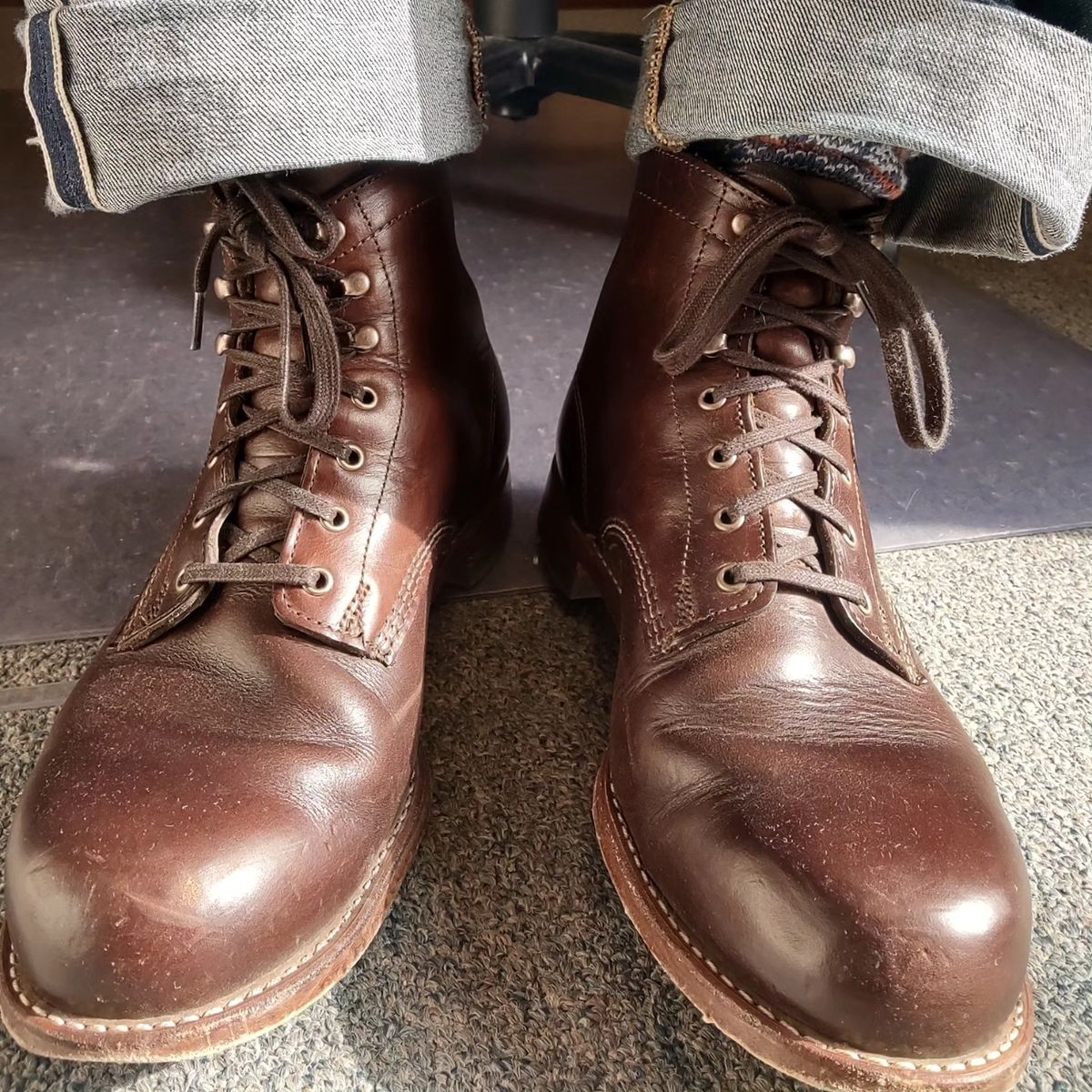 Photo by professorsartorial on December 5, 2023 of the Wolverine 1000 Mile Plain-Toe Boot in Horween Brown Chromexcel.