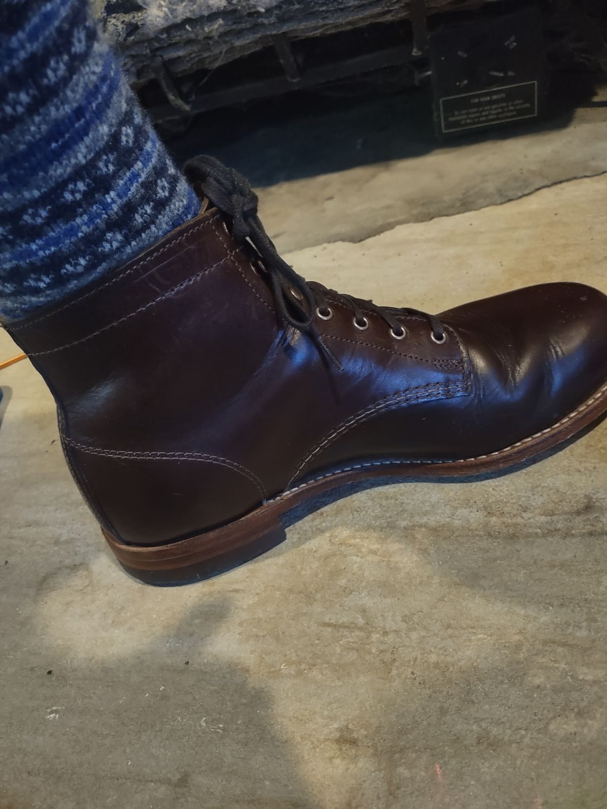 Photo by professorsartorial on January 1, 2024 of the Wolverine 1000 Mile Plain-Toe Boot in Horween Brown Chromexcel.
