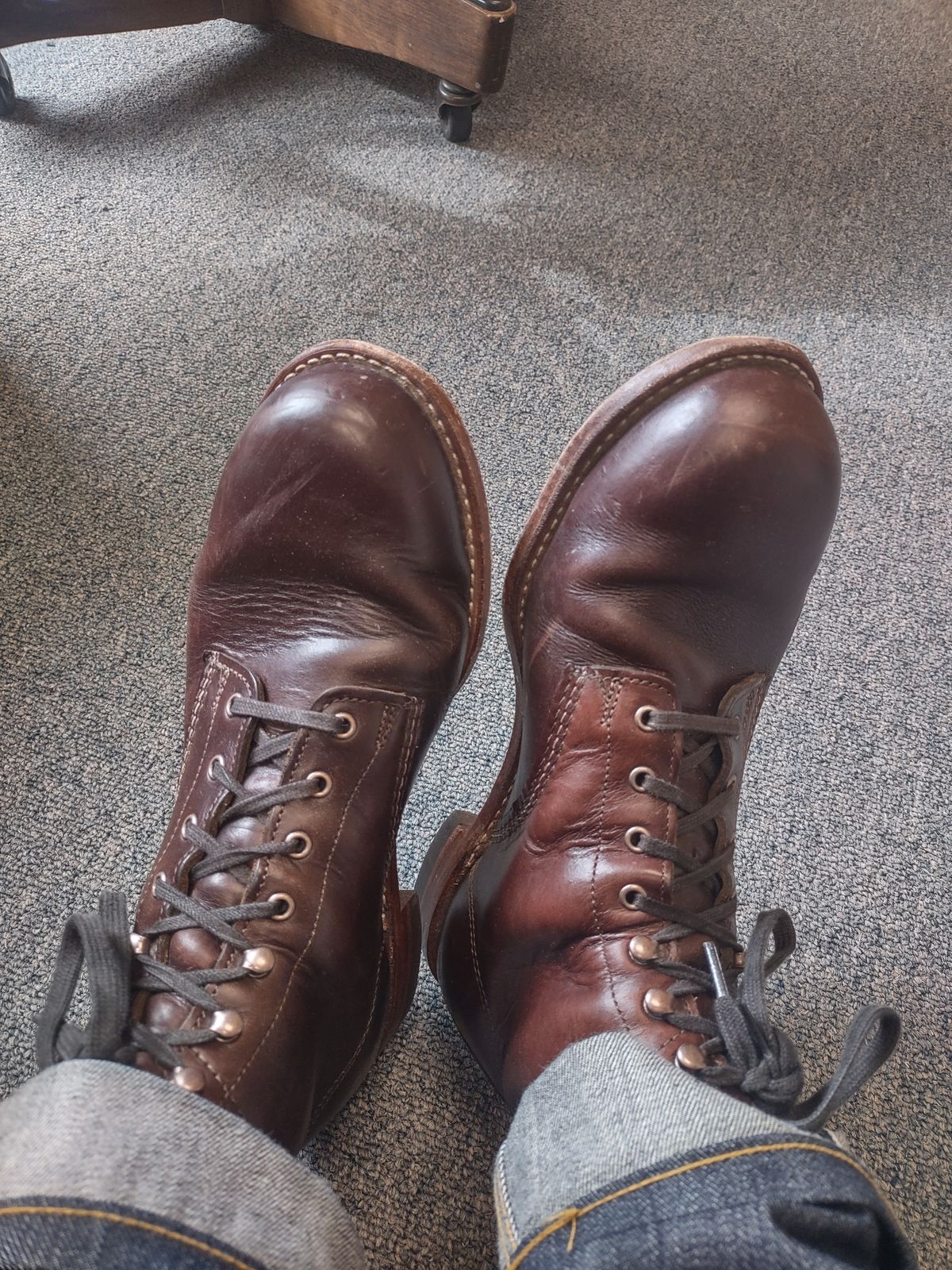 Photo by professorsartorial on March 1, 2024 of the Wolverine 1000 Mile Plain-Toe Boot in Horween Brown Chromexcel.