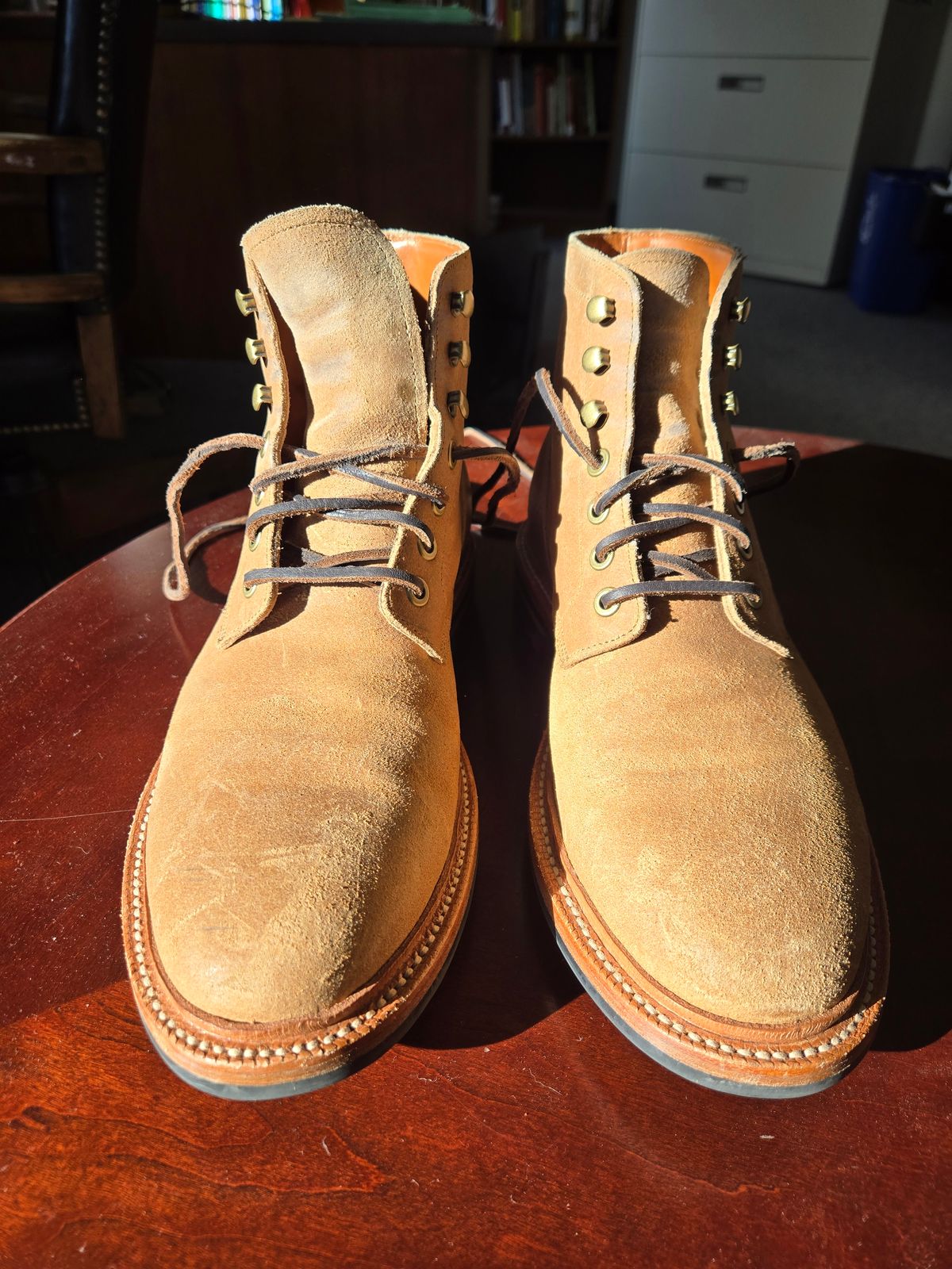 Photo by professorsartorial on November 3, 2025 of the Grant Stone Diesel Boot in C.F. Stead Natural Waxy Commander Suede.