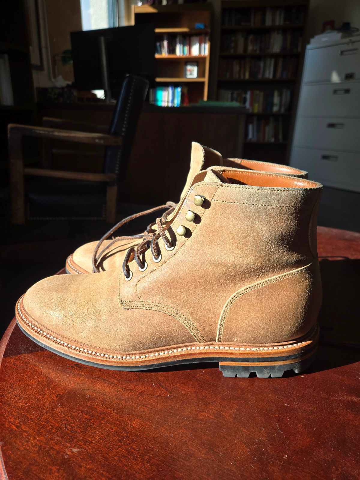 Photo by professorsartorial on November 3, 2025 of the Grant Stone Diesel Boot in C.F. Stead Natural Waxy Commander Suede.