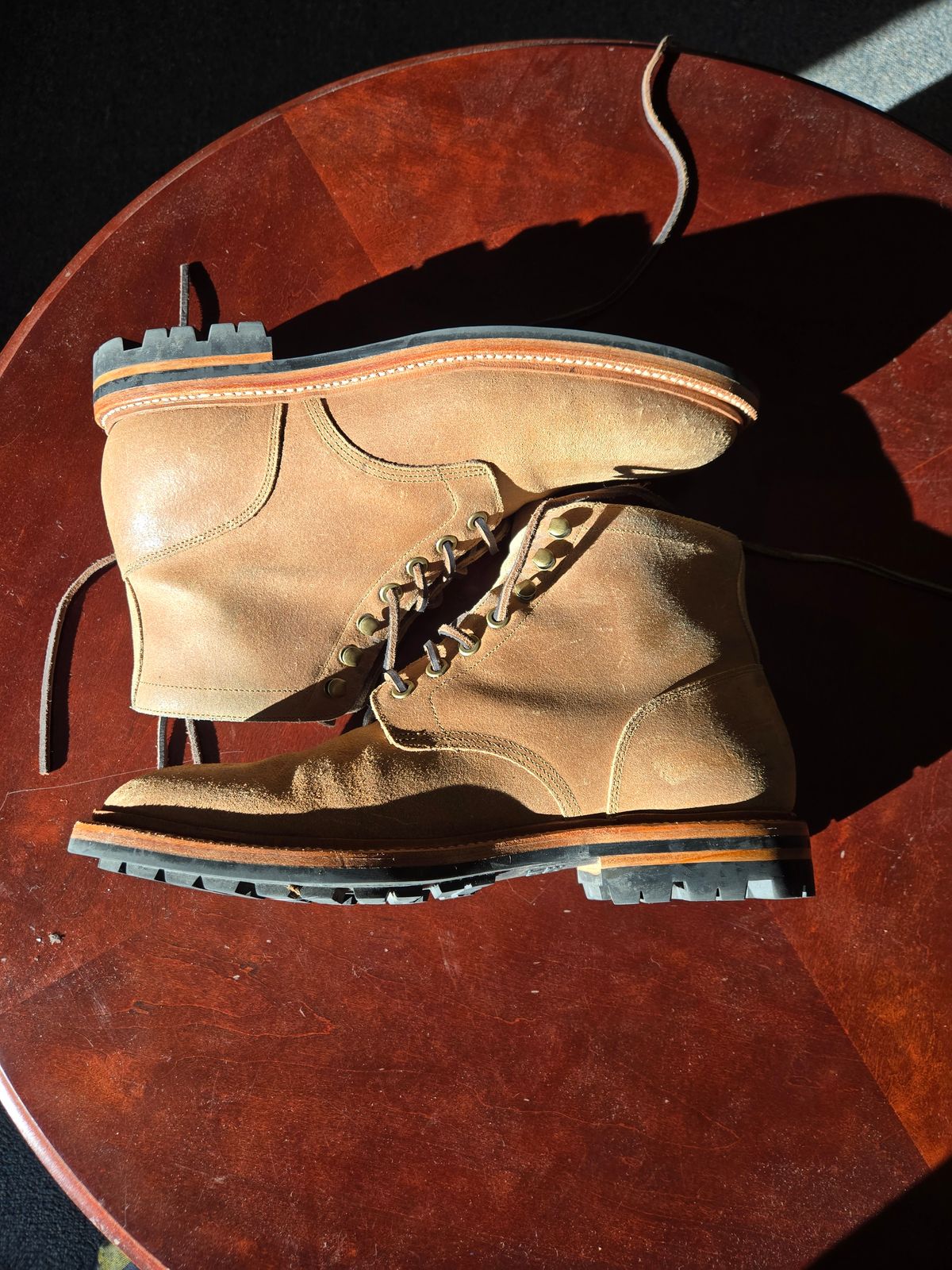 Photo by professorsartorial on November 3, 2025 of the Grant Stone Diesel Boot in C.F. Stead Natural Waxy Commander Suede.