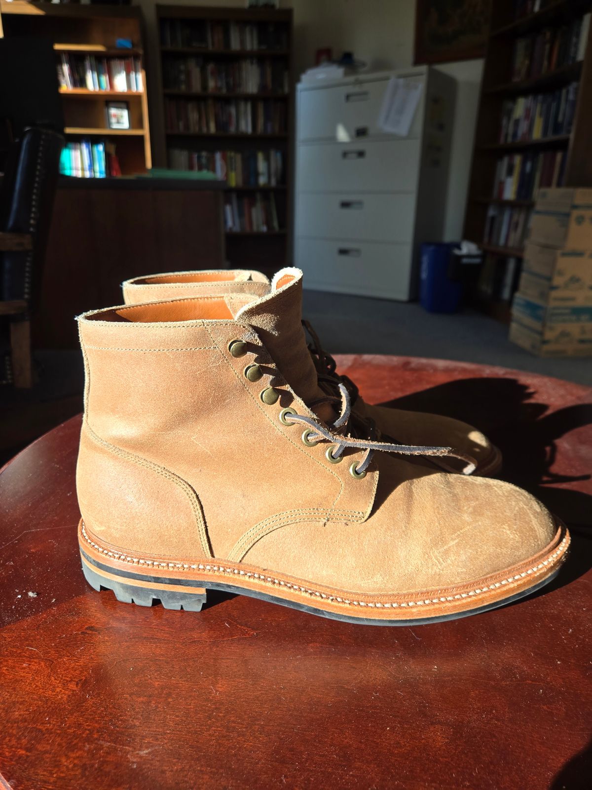 Photo by professorsartorial on November 3, 2025 of the Grant Stone Diesel Boot in C.F. Stead Natural Waxy Commander Suede.