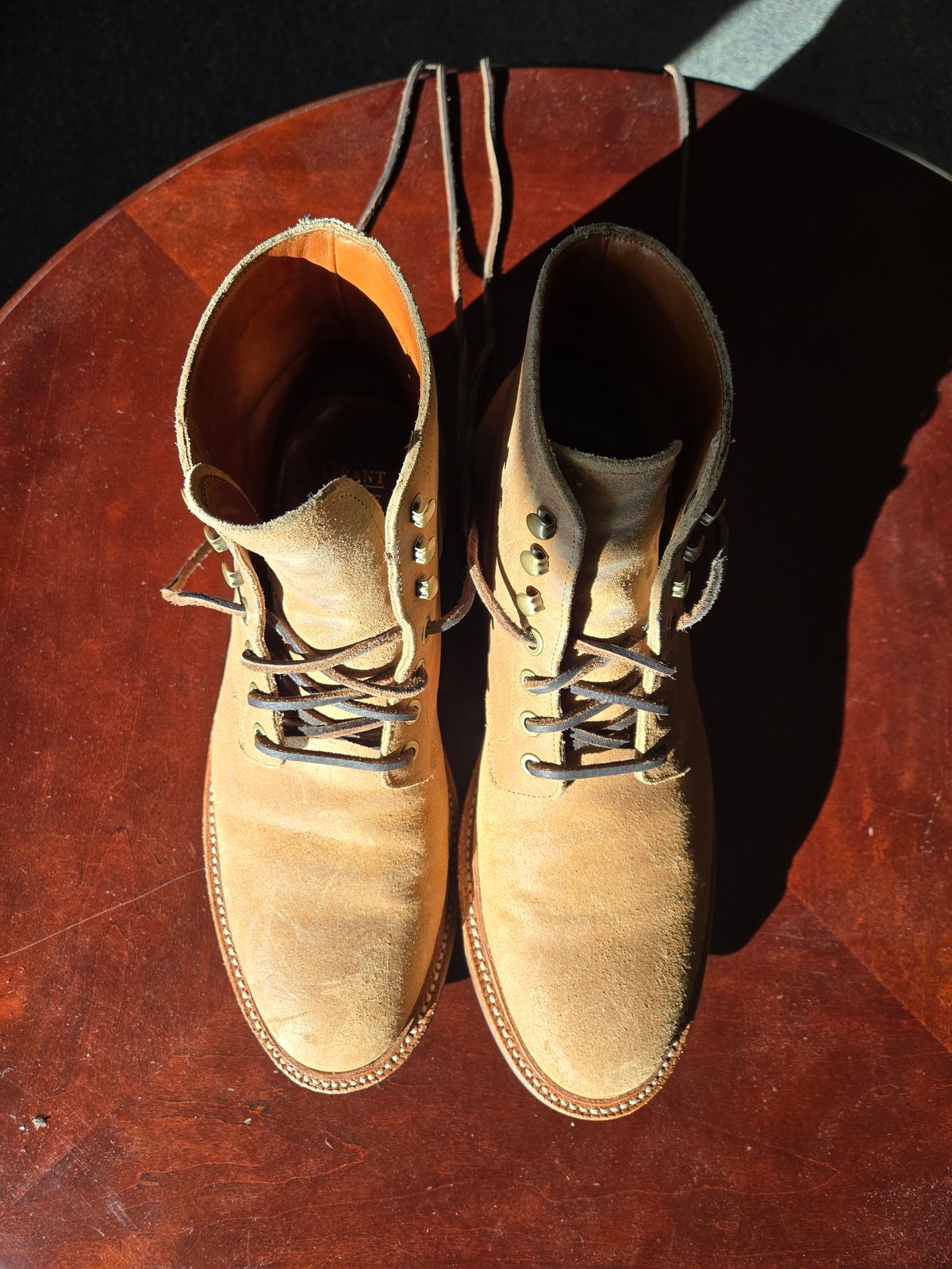 Photo by professorsartorial on November 3, 2025 of the Grant Stone Diesel Boot in C.F. Stead Natural Waxy Commander Suede.