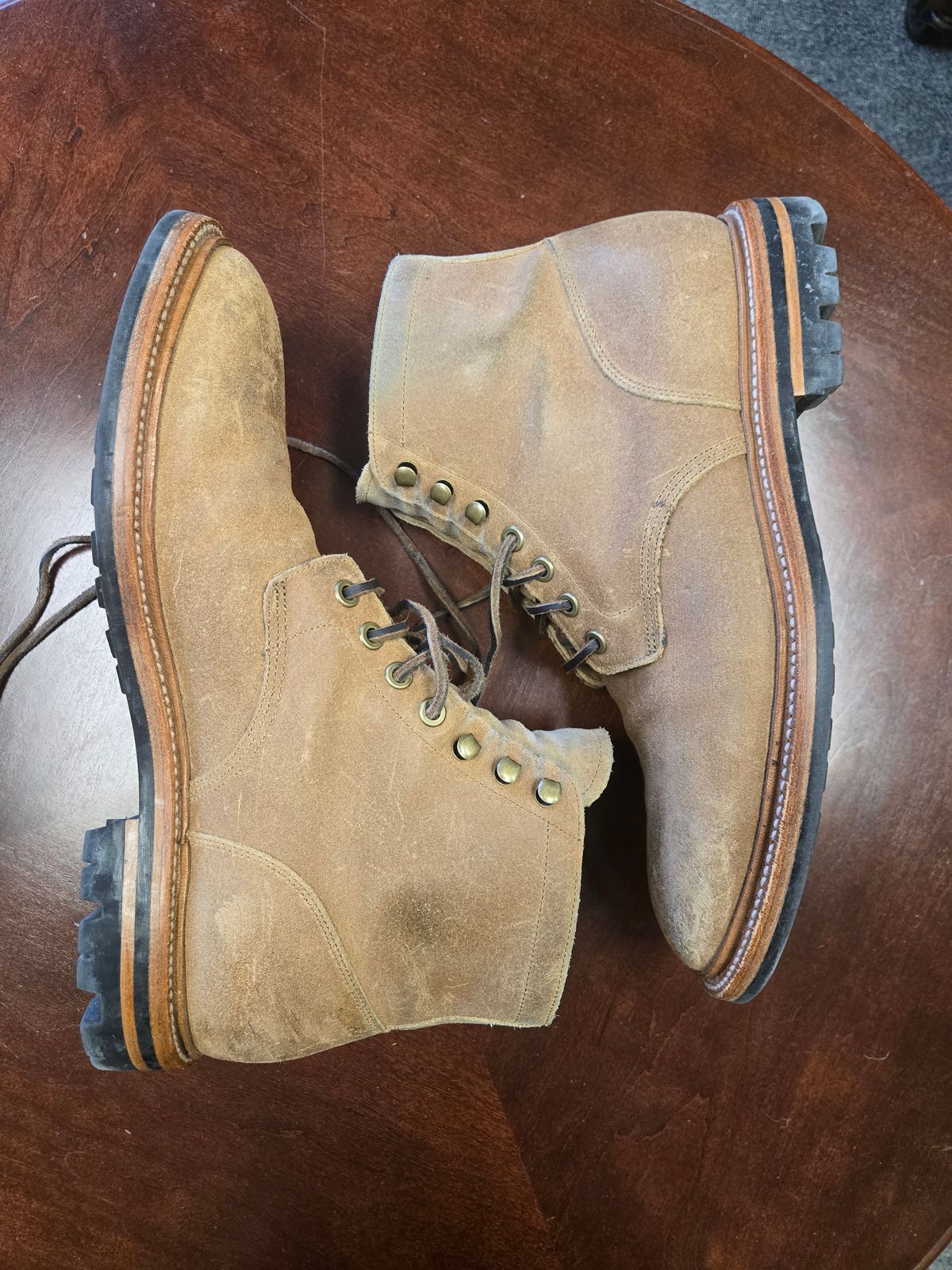 Photo by professorsartorial on December 5, 2025 of the Grant Stone Diesel Boot in C.F. Stead Natural Waxy Commander Suede.