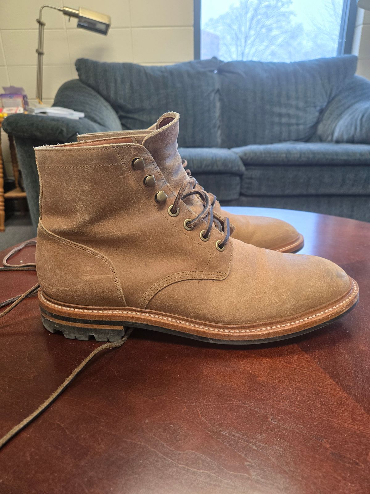 Photo by professorsartorial on December 5, 2025 of the Grant Stone Diesel Boot in C.F. Stead Natural Waxy Commander Suede.