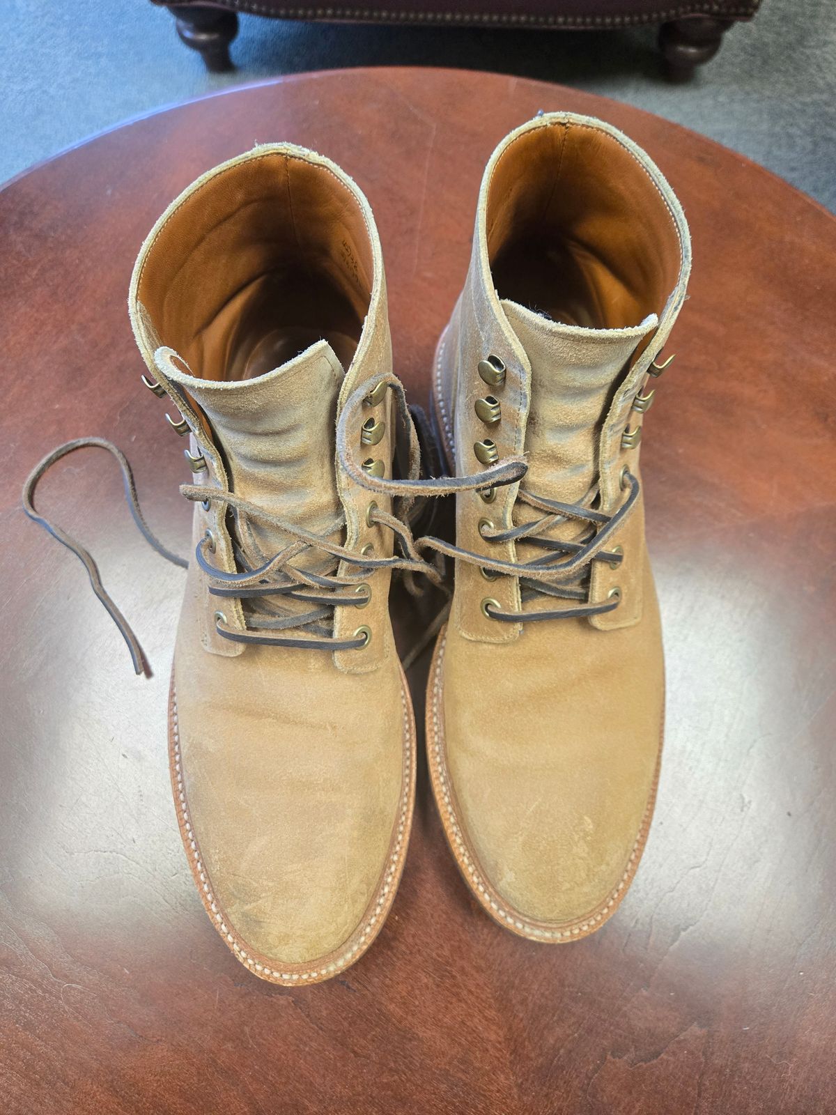 Photo by professorsartorial on December 5, 2025 of the Grant Stone Diesel Boot in C.F. Stead Natural Waxy Commander Suede.