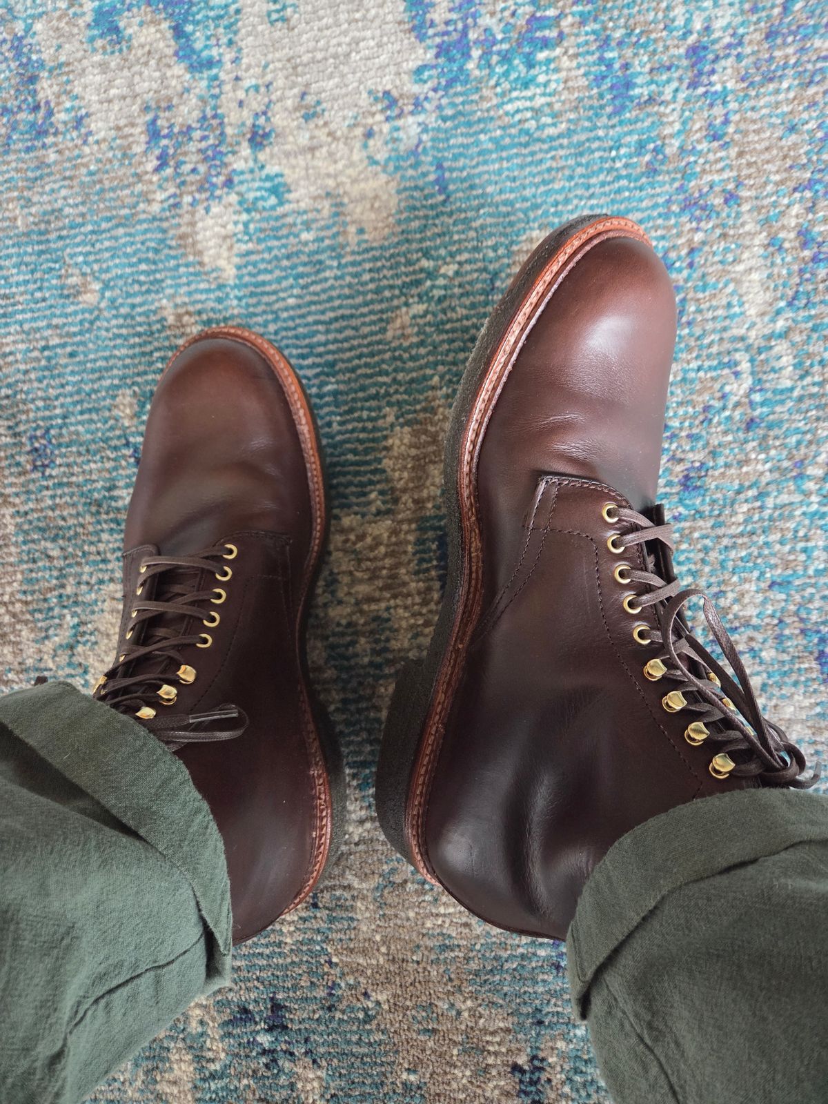 Photo by chorizohowitzer on June 24, 2025 of the Alden Plain Toe Boot in Horween Brown Chromexcel.