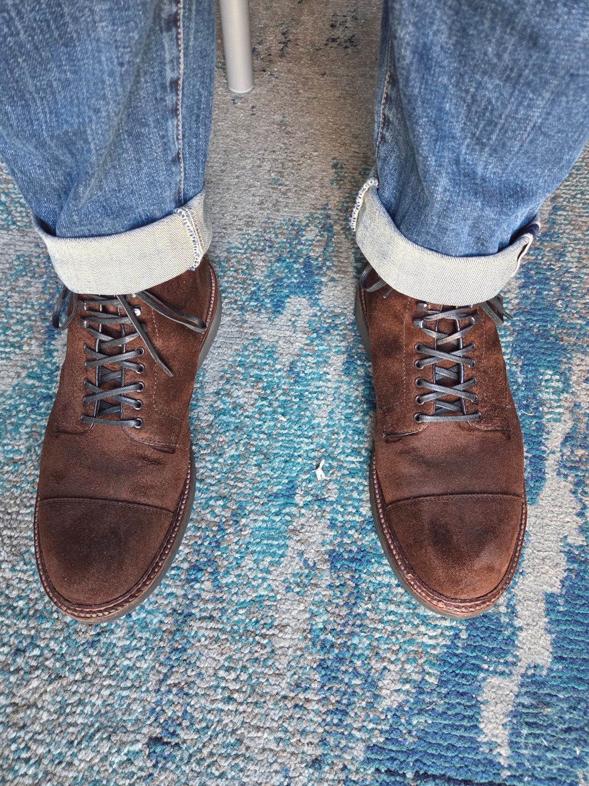 Photo by chorizohowitzer on January 17, 2026 of the Alden Cap Toe Boot in Horween Tobacco Chamois Roughout.