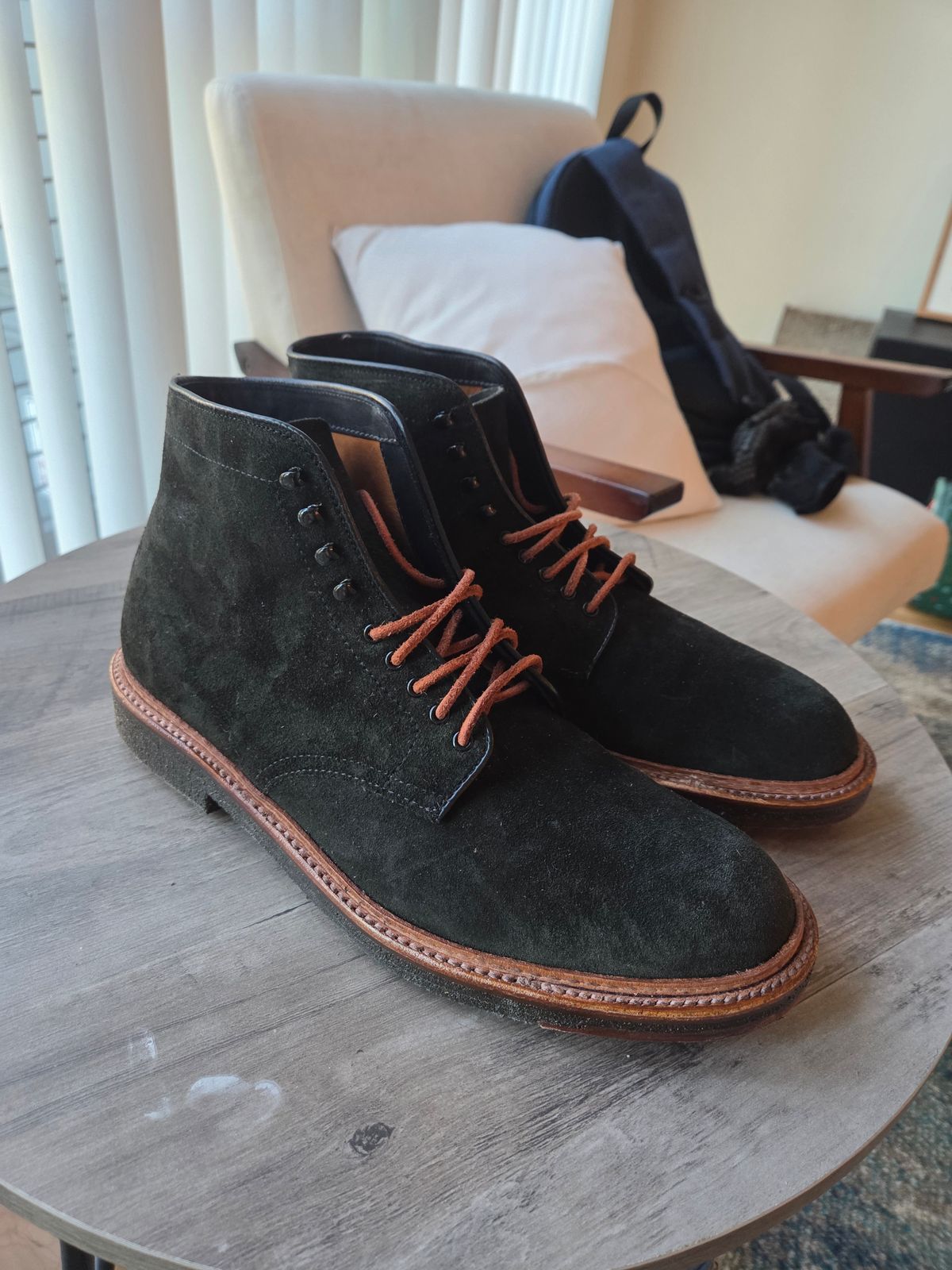 Photo by chorizohowitzer on September 24, 2025 of the Alden Plain Toe Boot in Horween Earth Chamois Roughout.