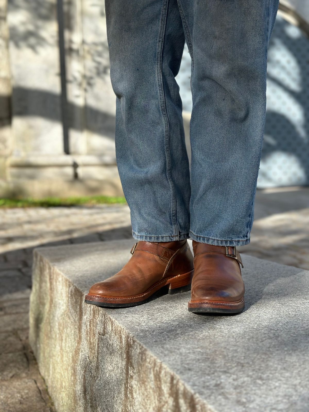 Photo by 9268Klondike on October 8, 2023 of the John Lofgren Wabash Engineer Boots in Horween Natural Chromexcel.