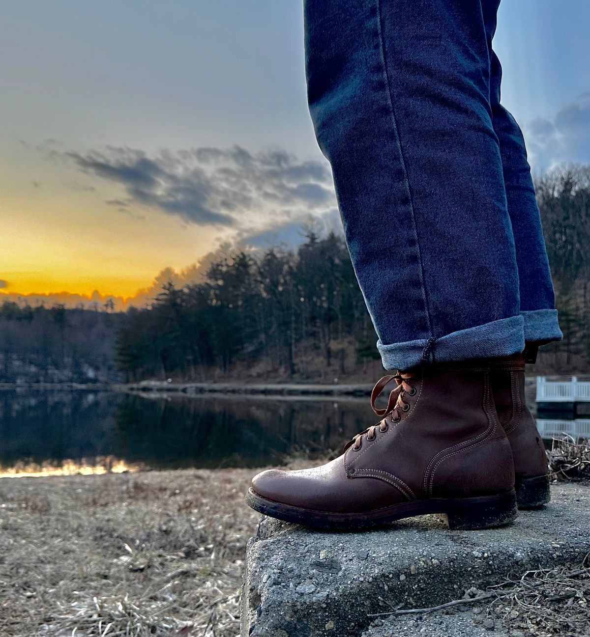 Photo by 9268Klondike on March 21, 2023 of the Boston Shoe Co. M-1943 "Double Buckle" Service Boots in Combination Tan.