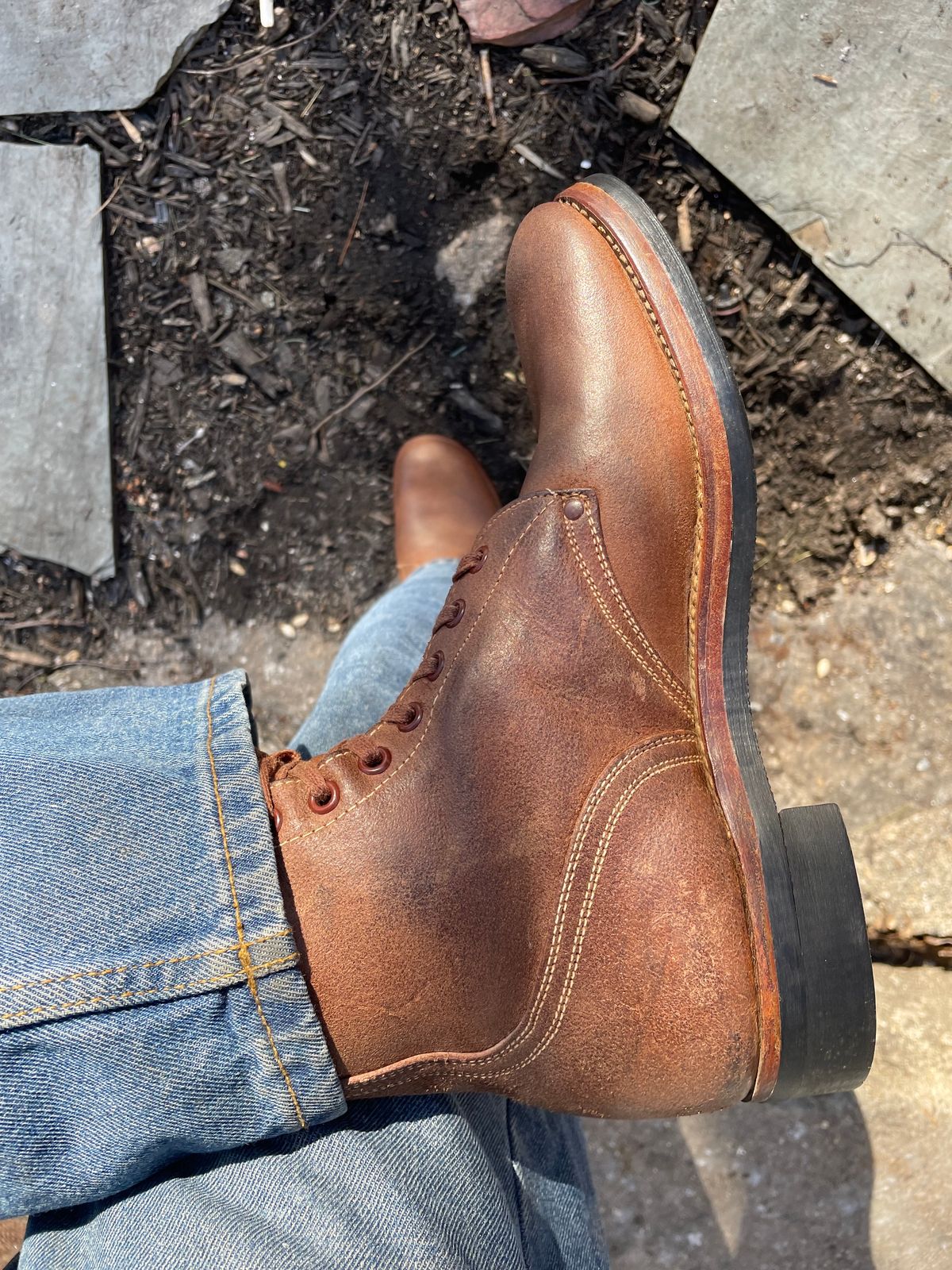 Photo by 9268Klondike on March 20, 2023 of the Boston Shoe Co. M-1943 "Double Buckle" Service Boots in Combination Tan.