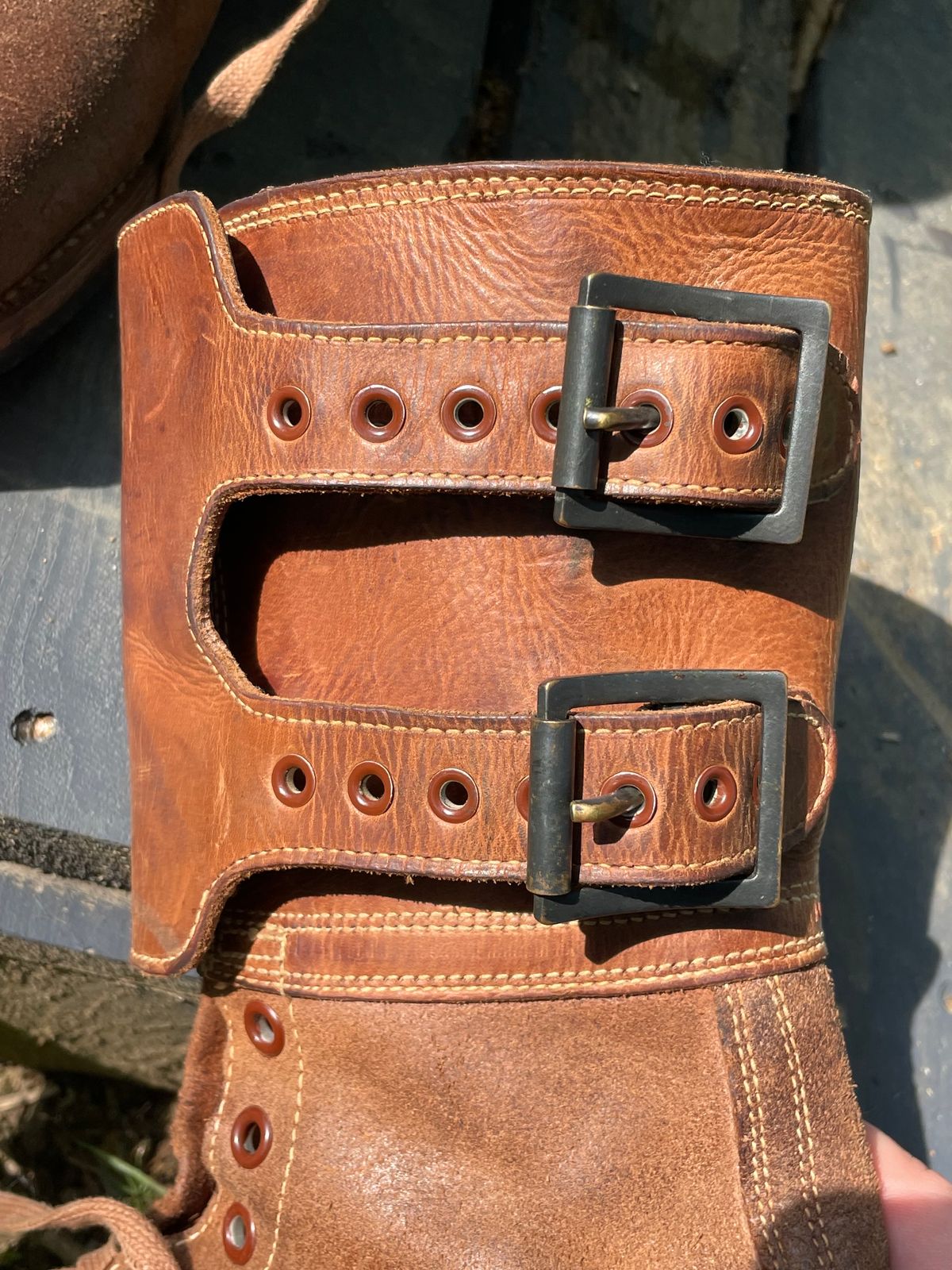 Photo by 9268Klondike on June 11, 2023 of the Boston Shoe Co. M-1943 "Double Buckle" Service Boots in Combination Tan.