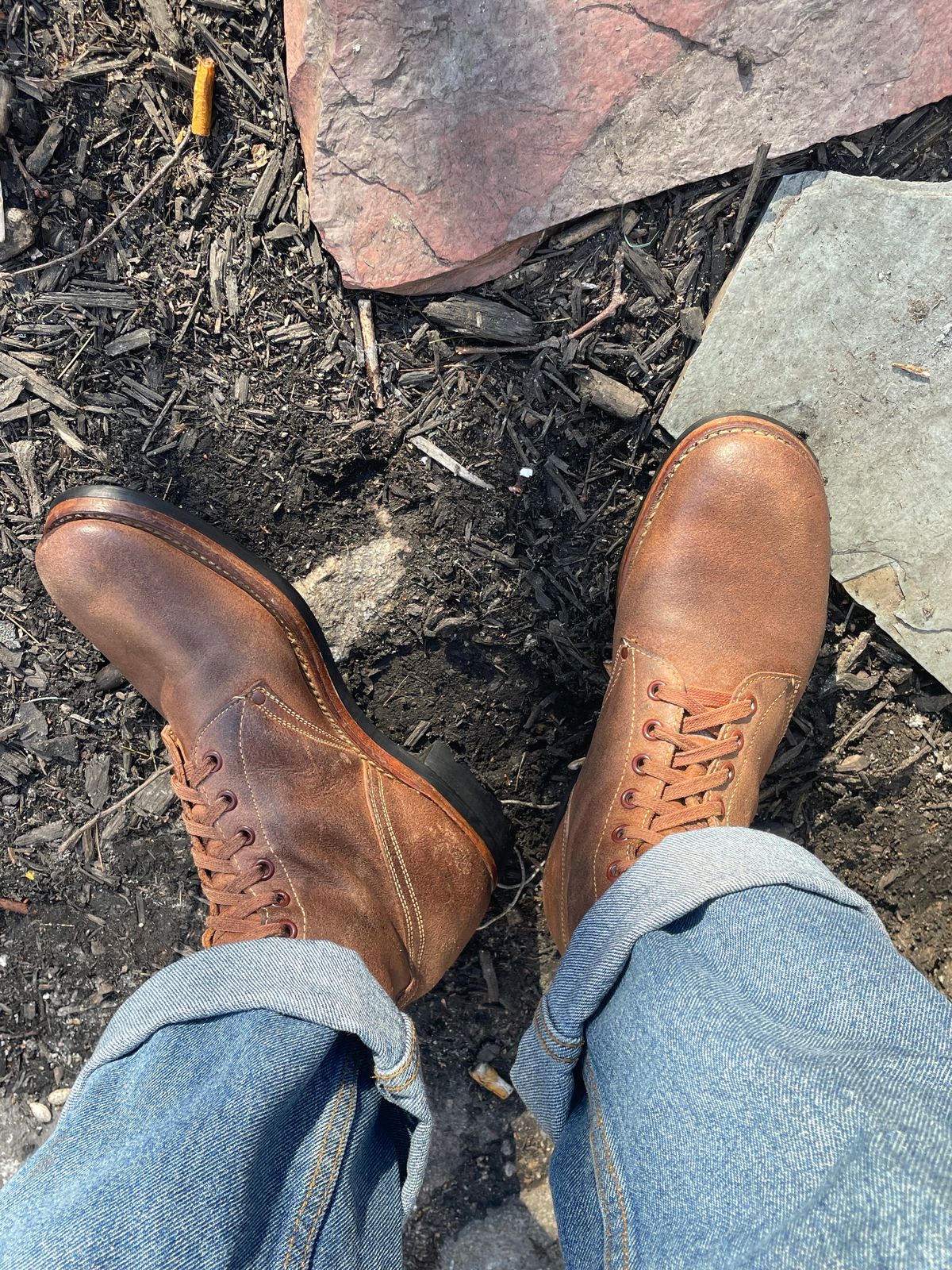 Photo by 9268Klondike on March 20, 2023 of the Boston Shoe Co. M-1943 "Double Buckle" Service Boots in Combination Tan.