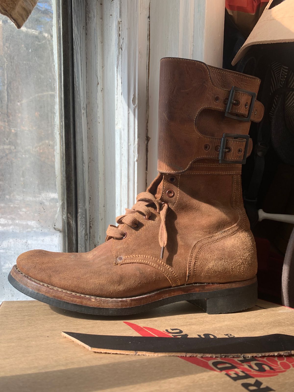 Photo by 9268Klondike on March 20, 2023 of the Boston Shoe Co. M-1943 "Double Buckle" Service Boots in Combination Tan.