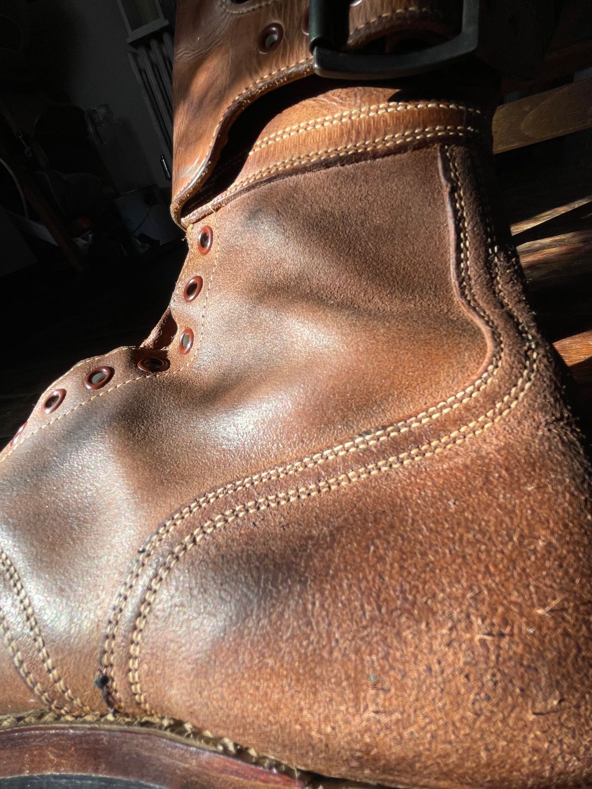 Photo by 9268Klondike on March 20, 2023 of the Boston Shoe Co. M-1943 "Double Buckle" Service Boots in Combination Tan.