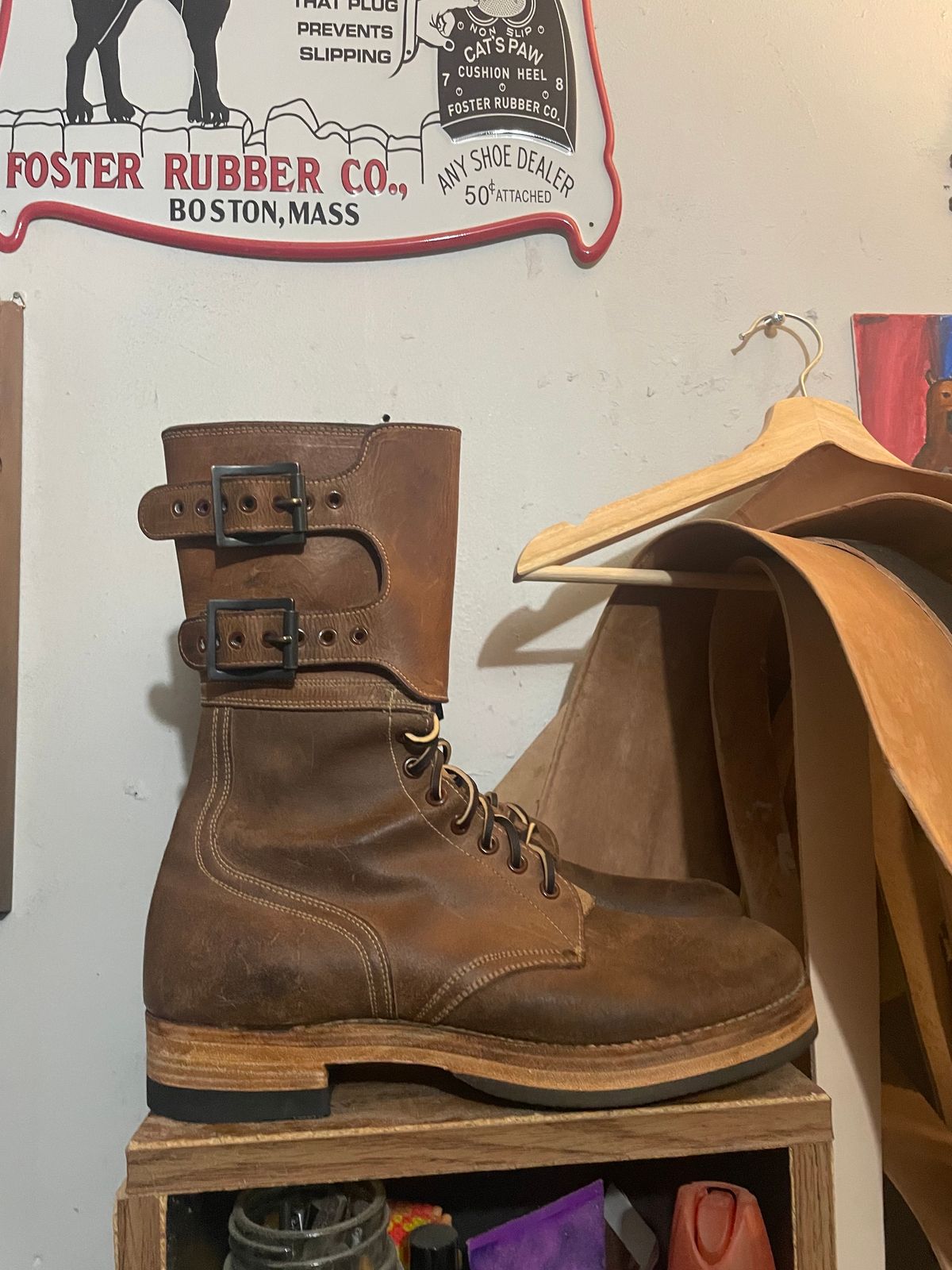 Photo by 9268Klondike on October 4, 2023 of the Boston Shoe Co. M-1943 "Double Buckle" Service Boots in Combination Tan.