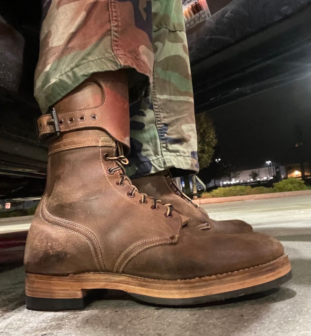 Photo by 9268Klondike on October 7, 2023 of the Boston Shoe Co. M-1943 "Double Buckle" Service Boots in Combination Tan.