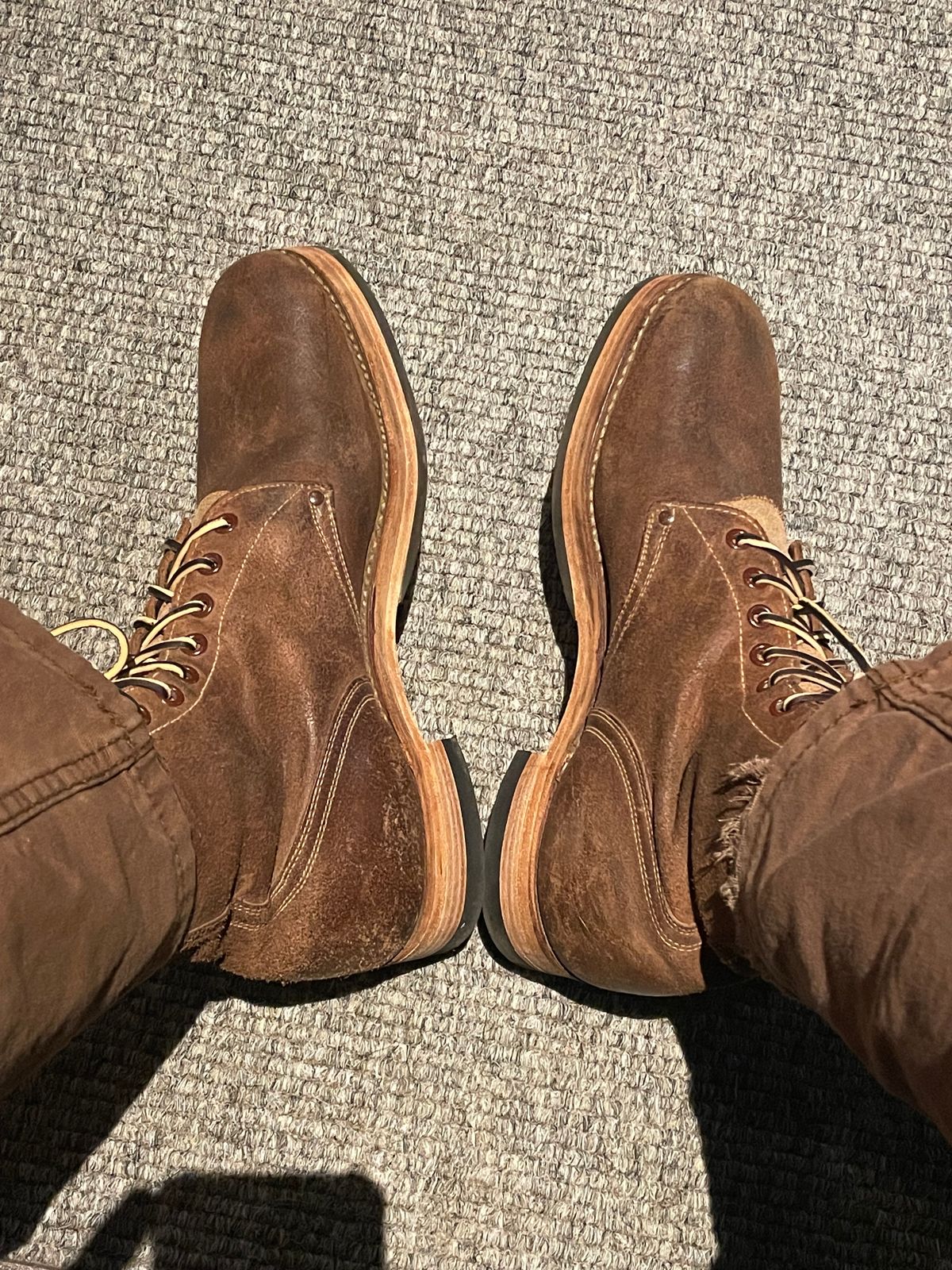 Photo by 9268Klondike on November 12, 2023 of the Boston Shoe Co. M-1943 "Double Buckle" Service Boots in Combination Tan.