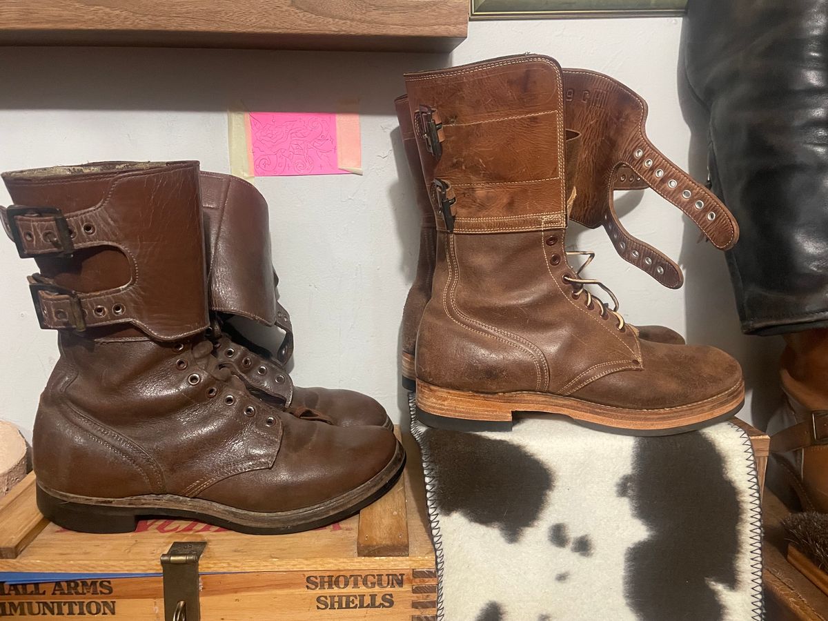 Photo by 9268Klondike on November 21, 2023 of the Boston Shoe Co. M-1943 "Double Buckle" Service Boots in Combination Tan.