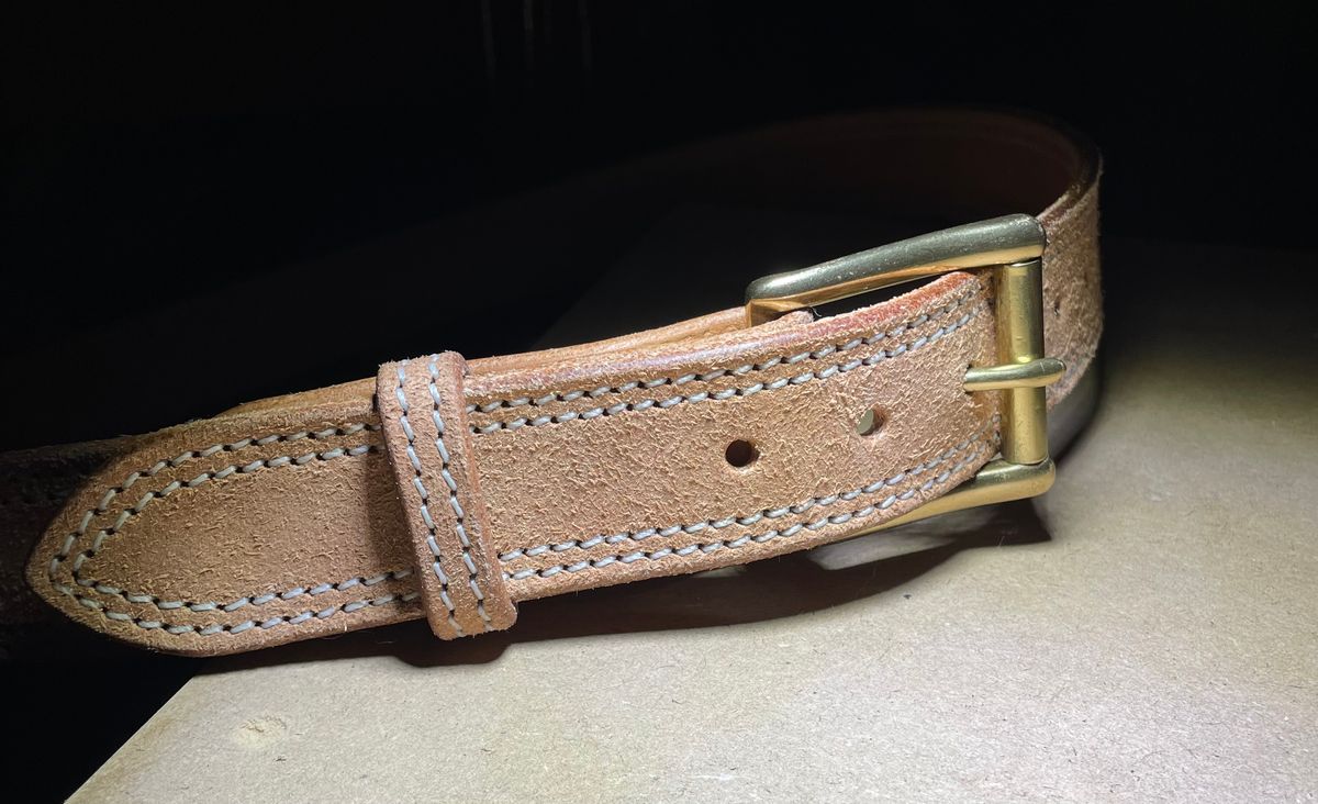 Photo by 9268Klondike on May 17, 2026 of the LMullins Leather Natural Roughout Belt in Hermann Oak.