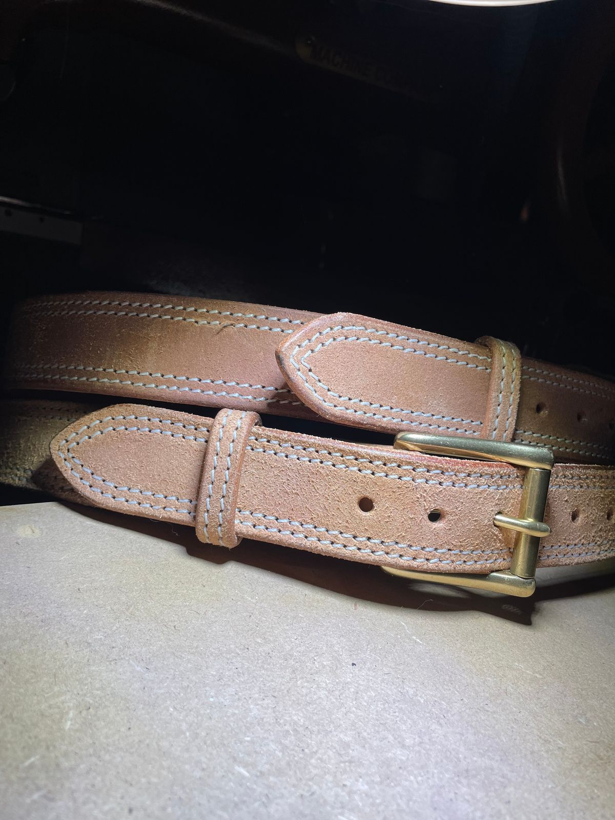 Photo by 9268Klondike on May 17, 2026 of the LMullins Leather Natural Roughout Belt in Hermann Oak.