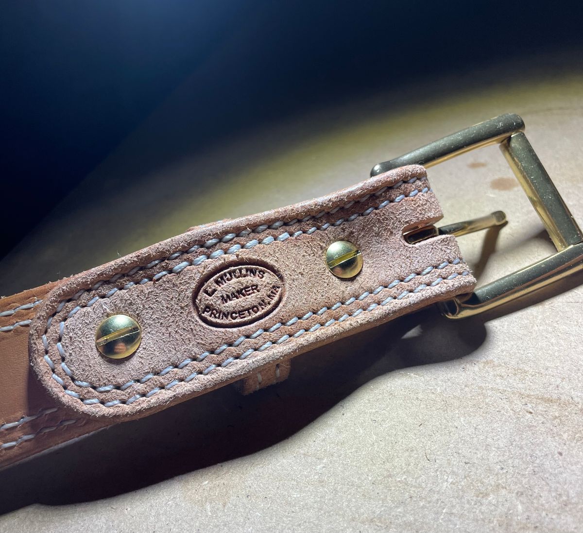 Photo by 9268Klondike on May 17, 2026 of the LMullins Leather Natural Roughout Belt in Hermann Oak.