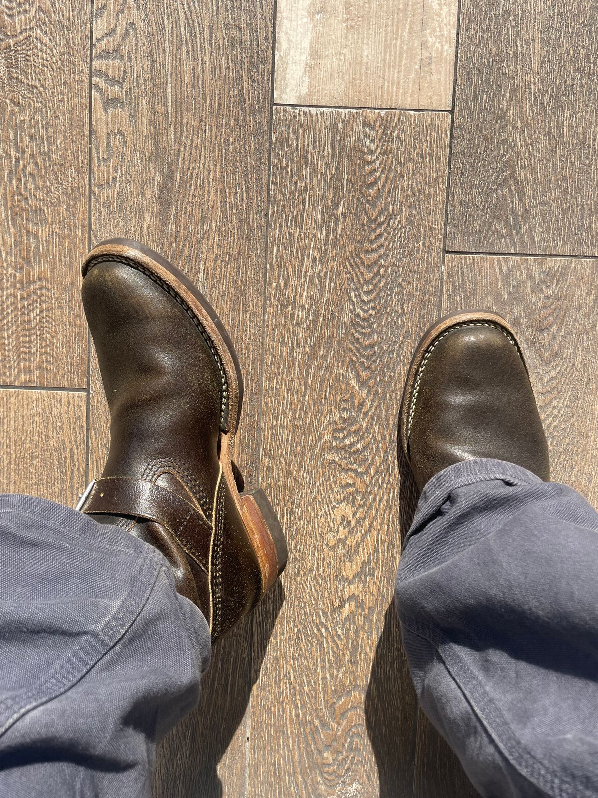 Photo by 9268Klondike on May 17, 2026 of the Wesco Quick Strikers in Horween Olive Waxed Flesh.