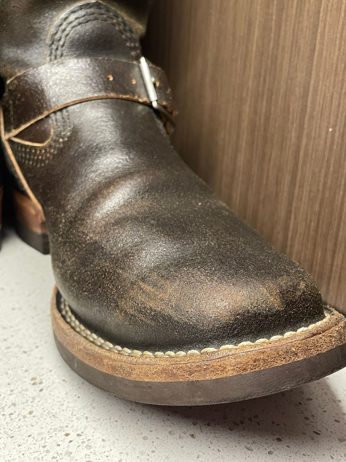 Photo by 9268Klondike on May 21, 2026 of the Wesco Quick Strikers in Horween Olive Waxed Flesh.