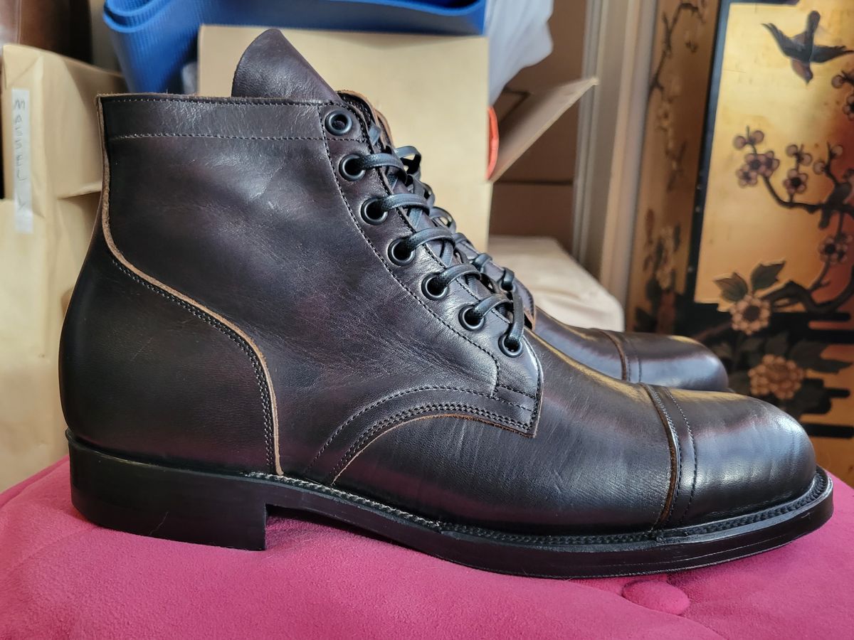 Photo by CrizzleLovesNaps on October 1, 2022 of the Viberg Service Boot in Shinki Black Latigo Teacore Horsehide.