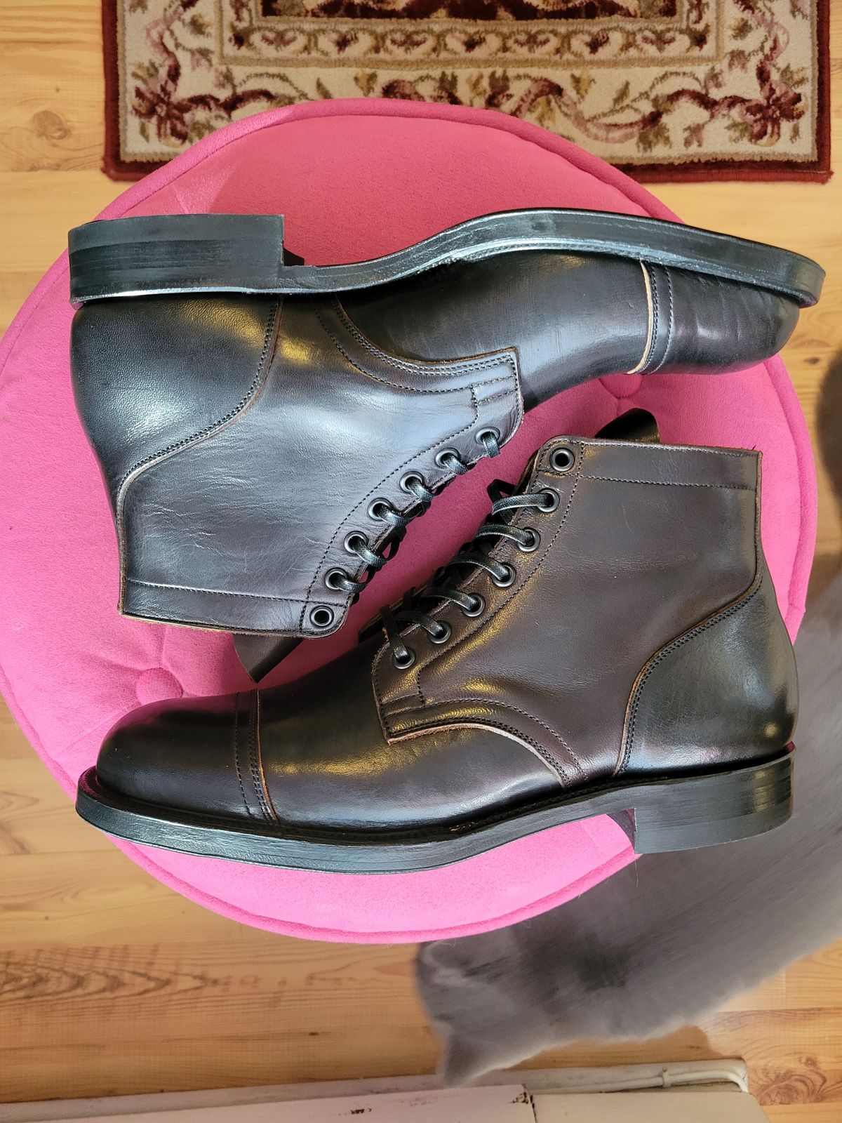 Photo by CrizzleLovesNaps on October 1, 2022 of the Viberg Service Boot in Shinki Black Latigo Teacore Horsehide.