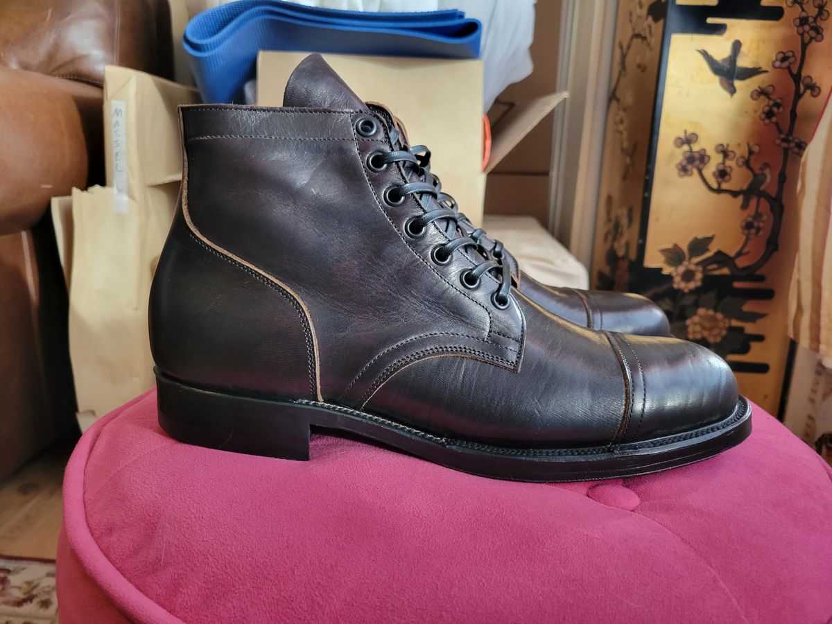 Photo by CrizzleLovesNaps on October 1, 2022 of the Viberg Service Boot in Shinki Black Latigo Teacore Horsehide.